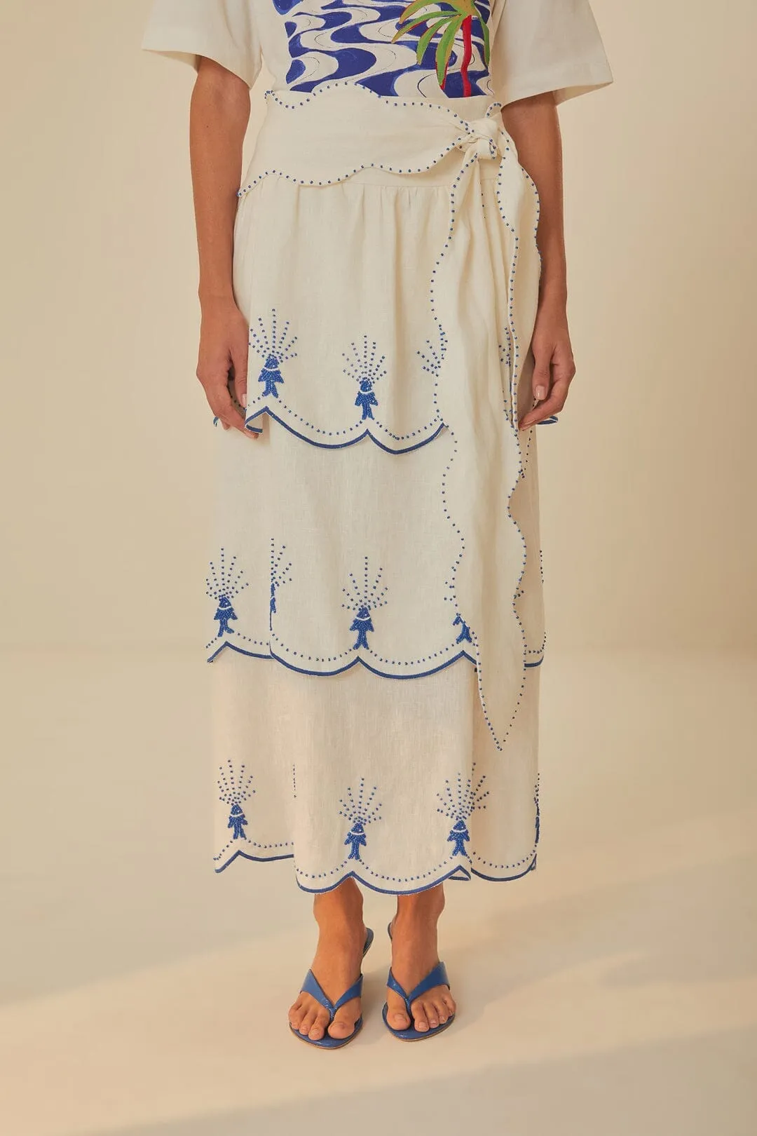 Balanced Outfit Polished Look Off-White Sea Of Fish Embroidered Midi Skirt