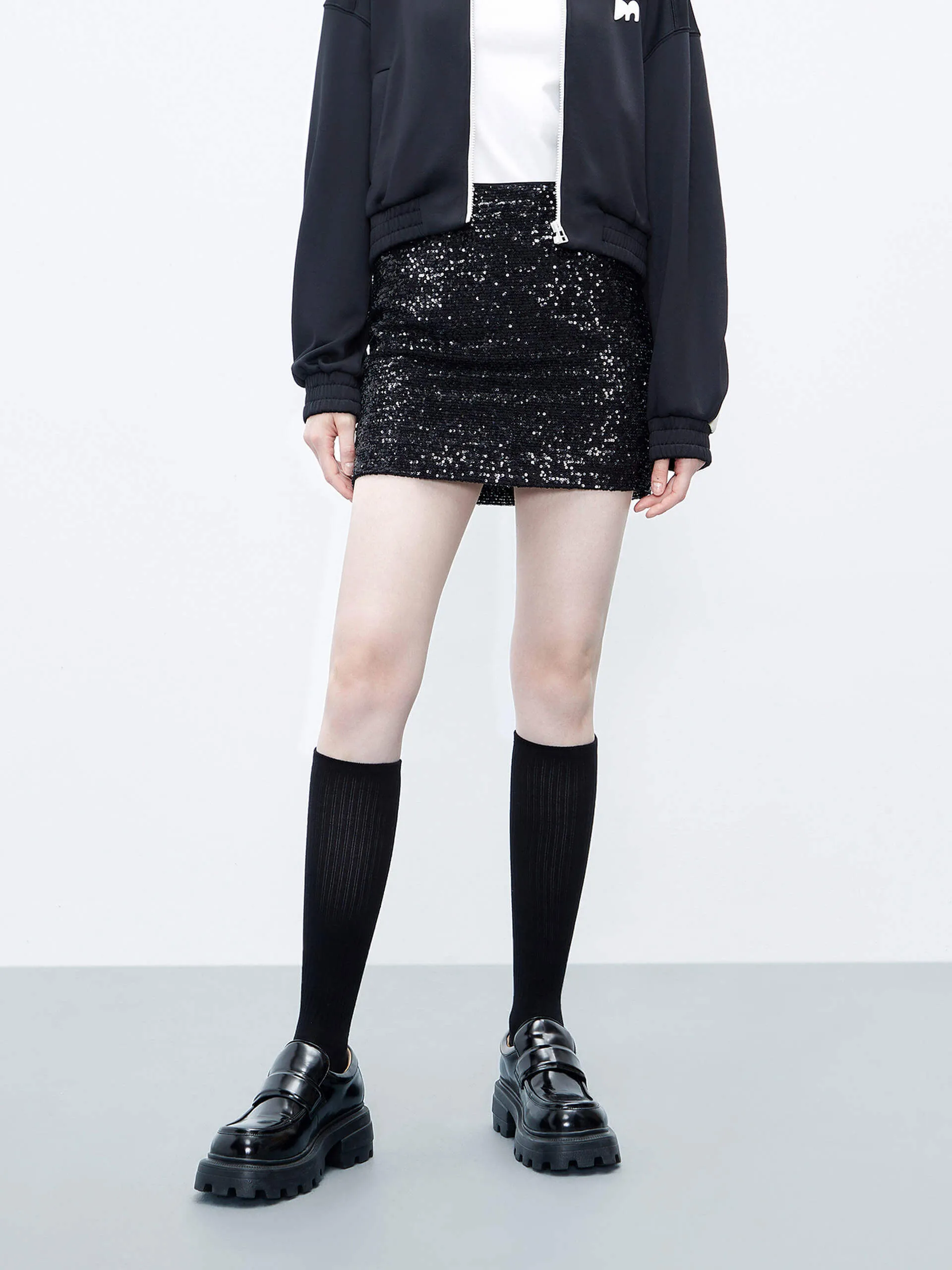 Sequin Detail Mini Skirt Contrast Stitching raw hem