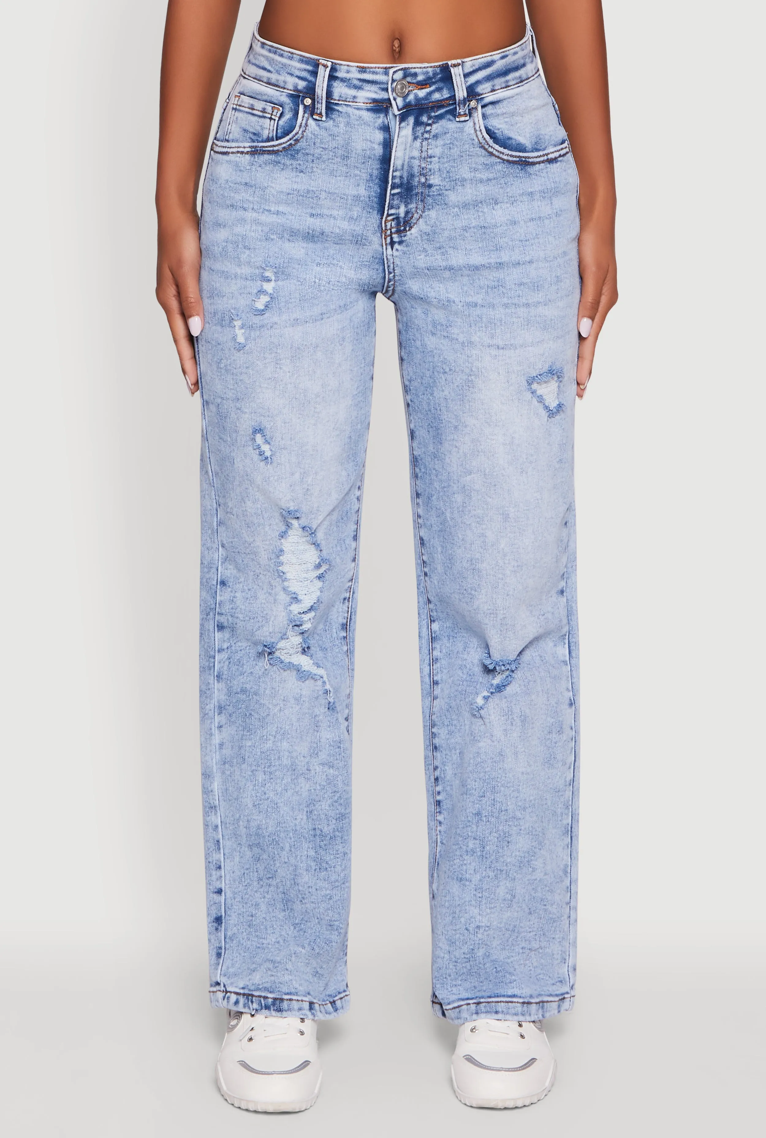 Cool Essential Mineral Wash Whiskered Distressed Straight Leg Jeans