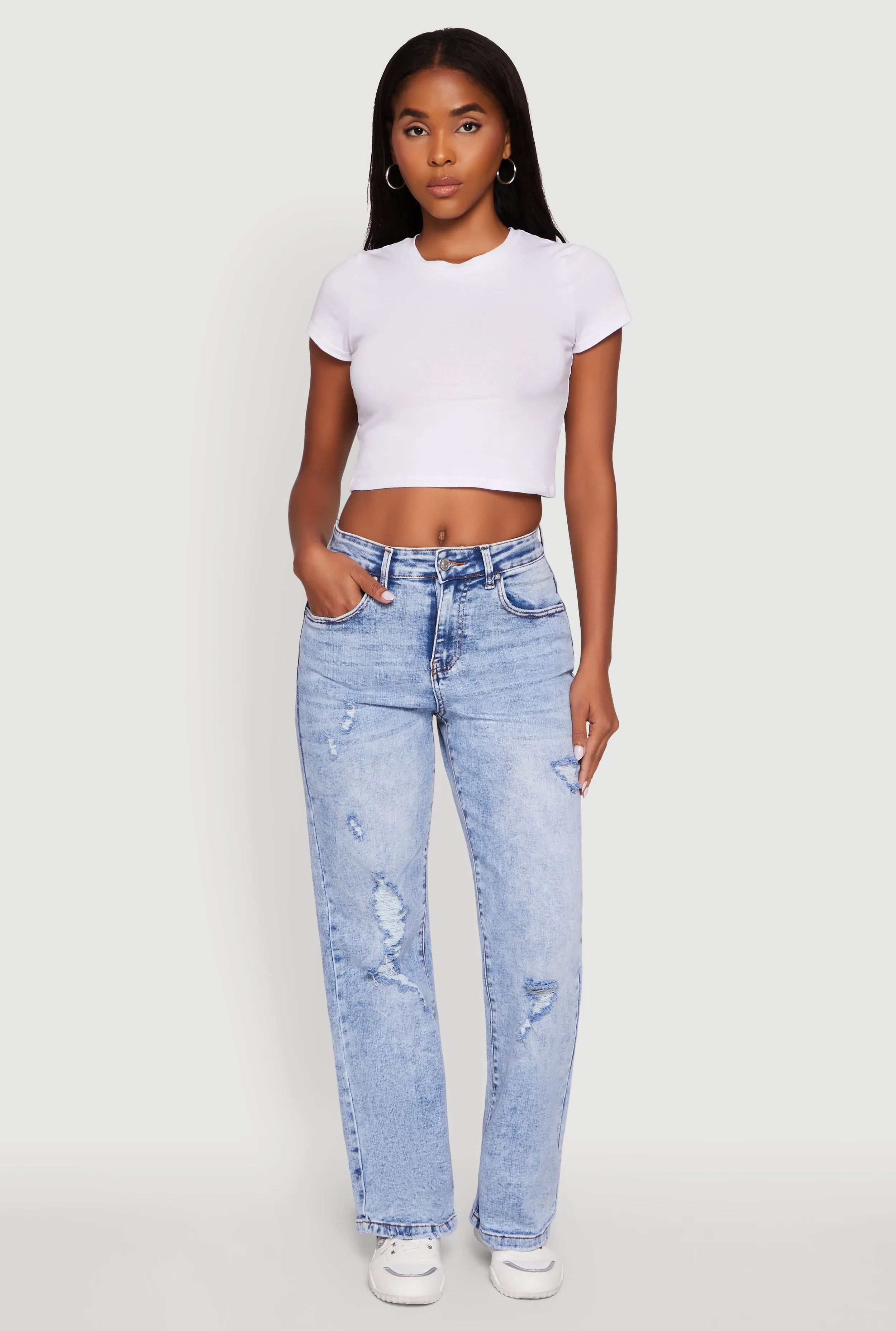 Mineral Wash Whiskered Distressed Straight Leg Jeans Classic Casual