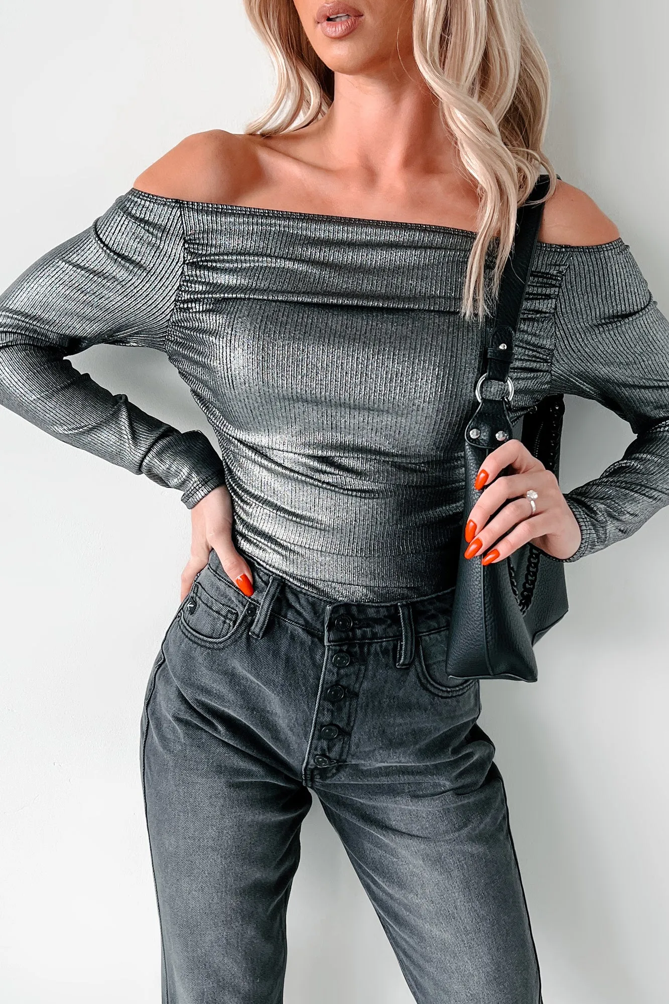 Midnight Magnetism Off The Shoulder Metallic Bodysuit (Galaxy Black) Vivid Neutral