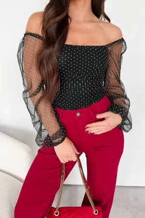 Elegant Casual Flexible Soft Seeing Spots Dotted Mesh Bodysuit (Black/White Dot)
