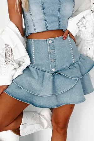 Undisputably Cute Ruffled Denim Mini Skirt (Medium Wash) casual finish