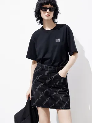 Deconstruct Letter Print Denim Skirt Fitted Cut Clean Mood