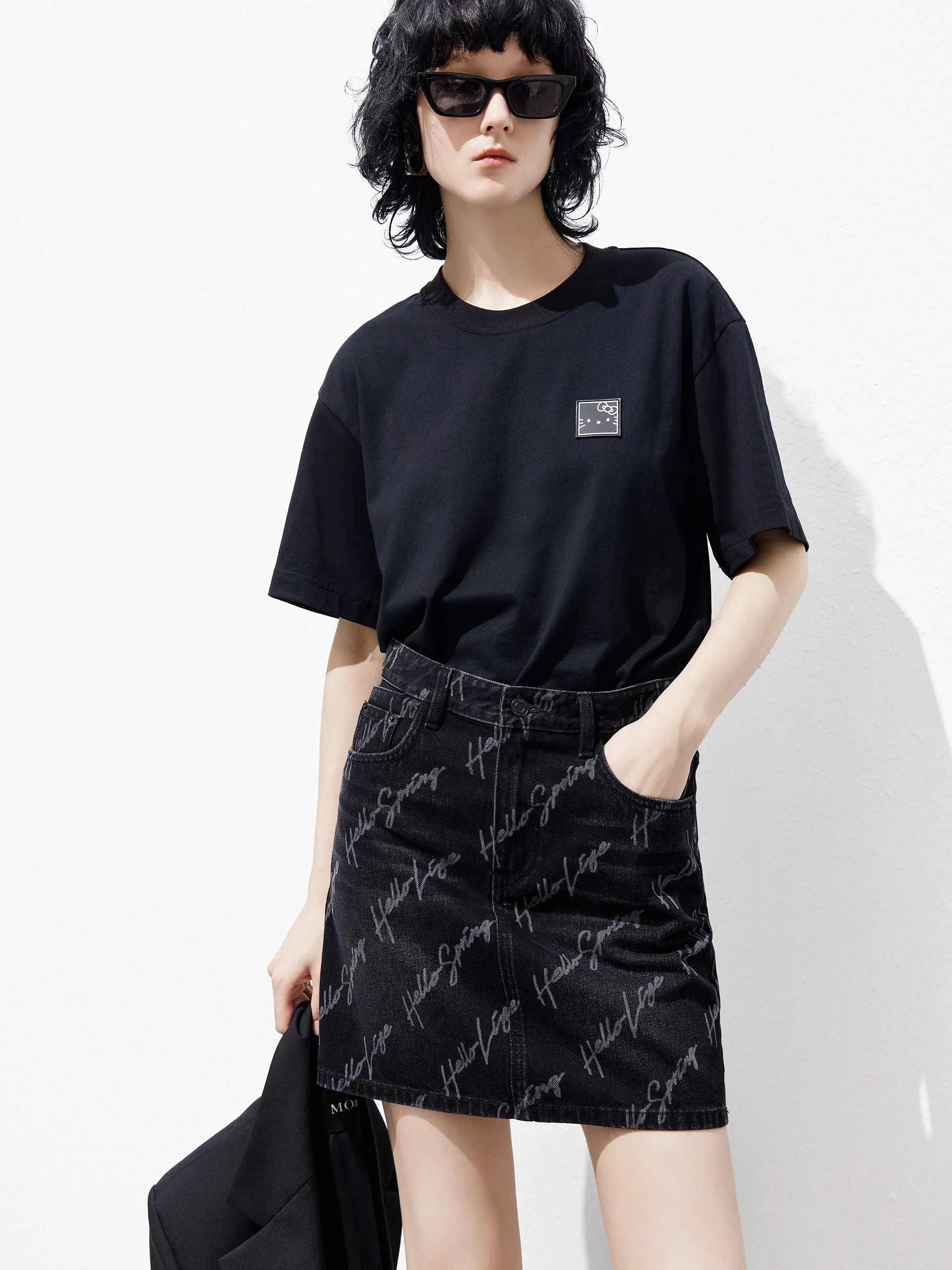 Deconstruct Letter Print Denim Skirt Seasonal Drop Breezy Mood