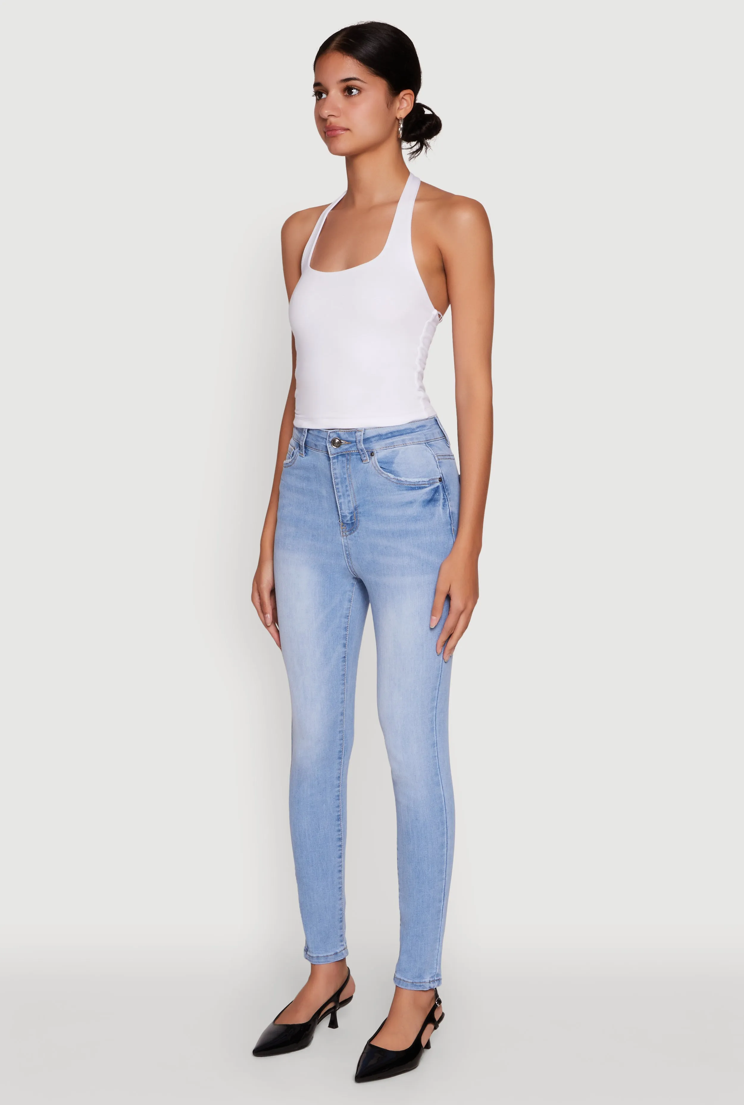 Home Comfort Teen Outfit Mid Rise Fit WAX High Waisted Stretch Skinny Jeans