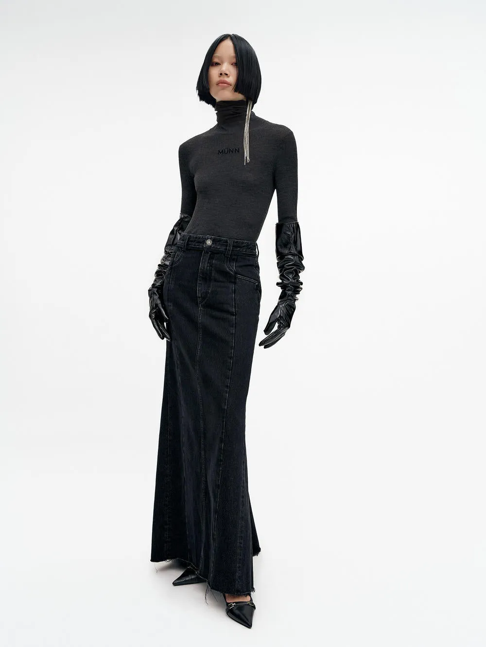 High Waist Denim Maxi Skirt Simple Style Fitted Cut