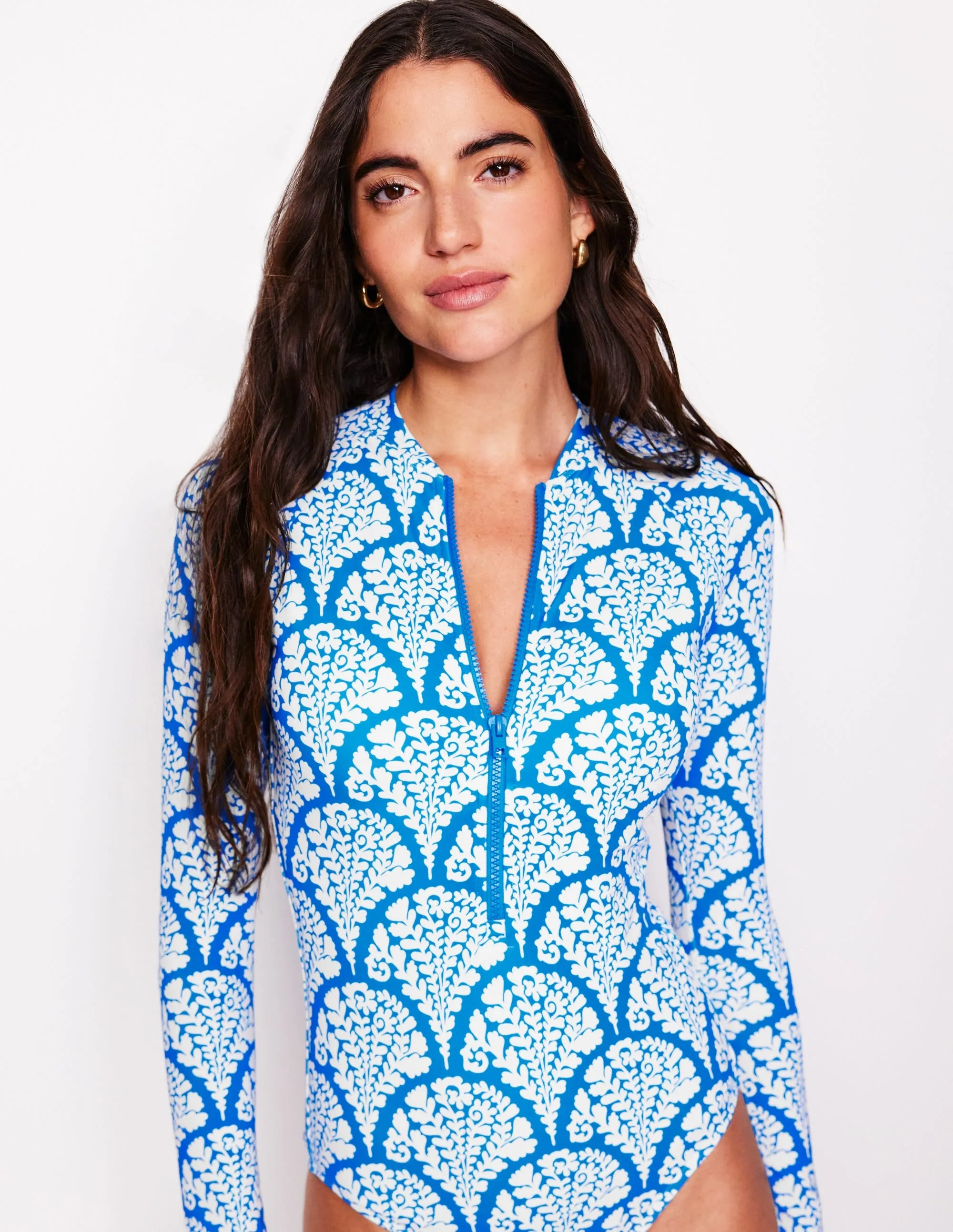 Sporty Raglan Sleeve Swimsuit-Bright Blue, Blossomy Dance Light Wild Mood
