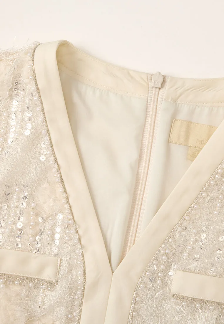Frayed Detail Welt-pocekt Embellished Dress Dance Flow