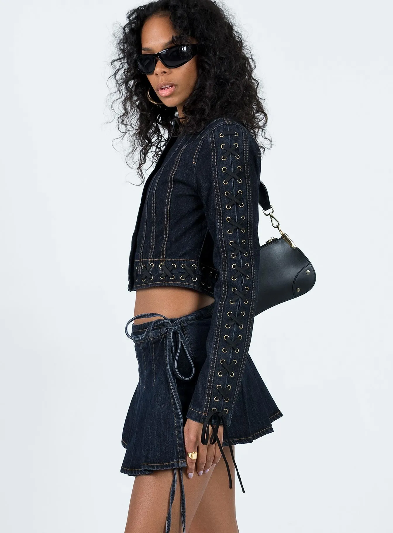 Camelia Pleat Mini Dark Denim Matching Belt