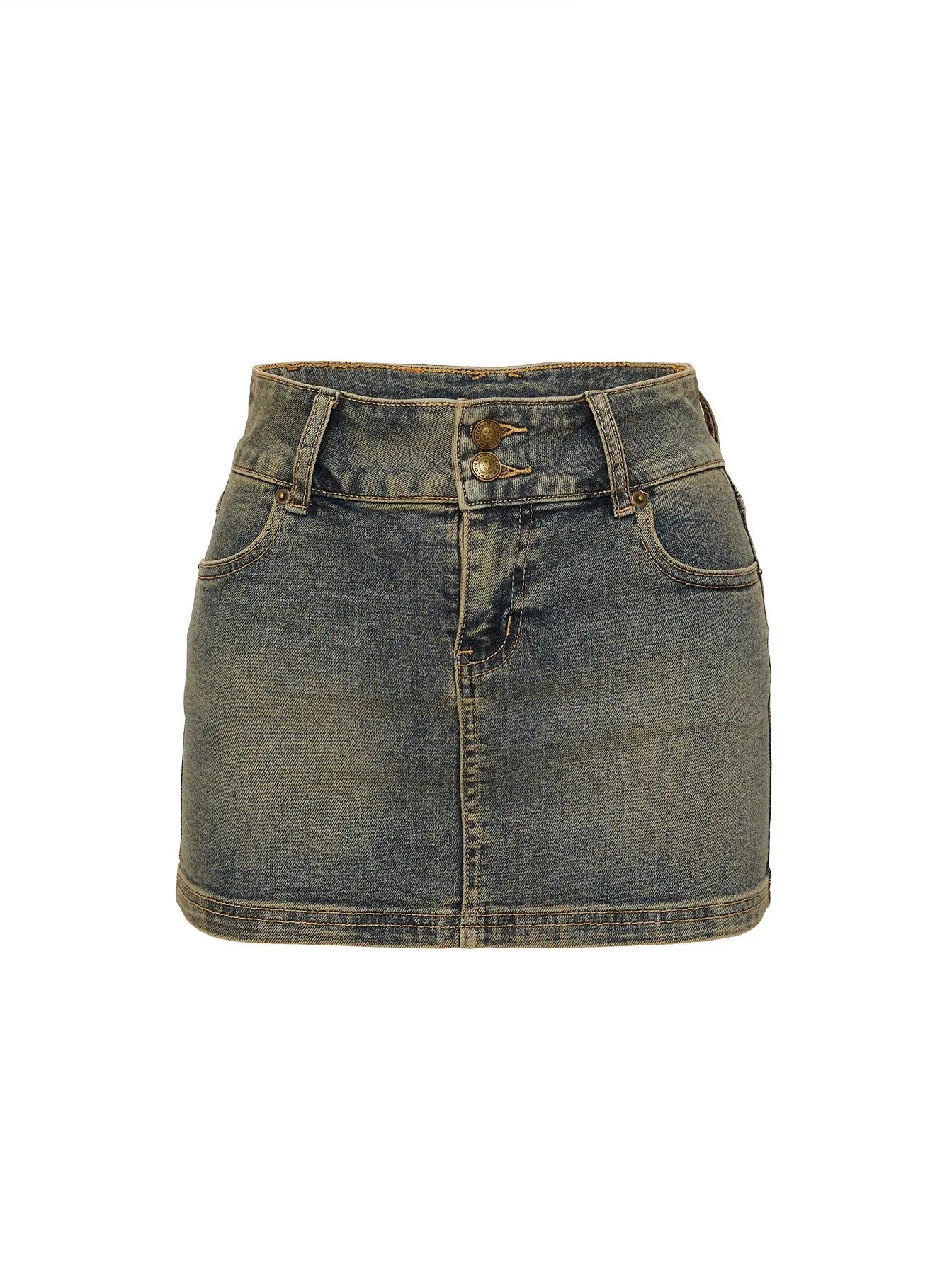 Faya Low Rise Denim Mini Skirt Antique Wash Knitted Fabric