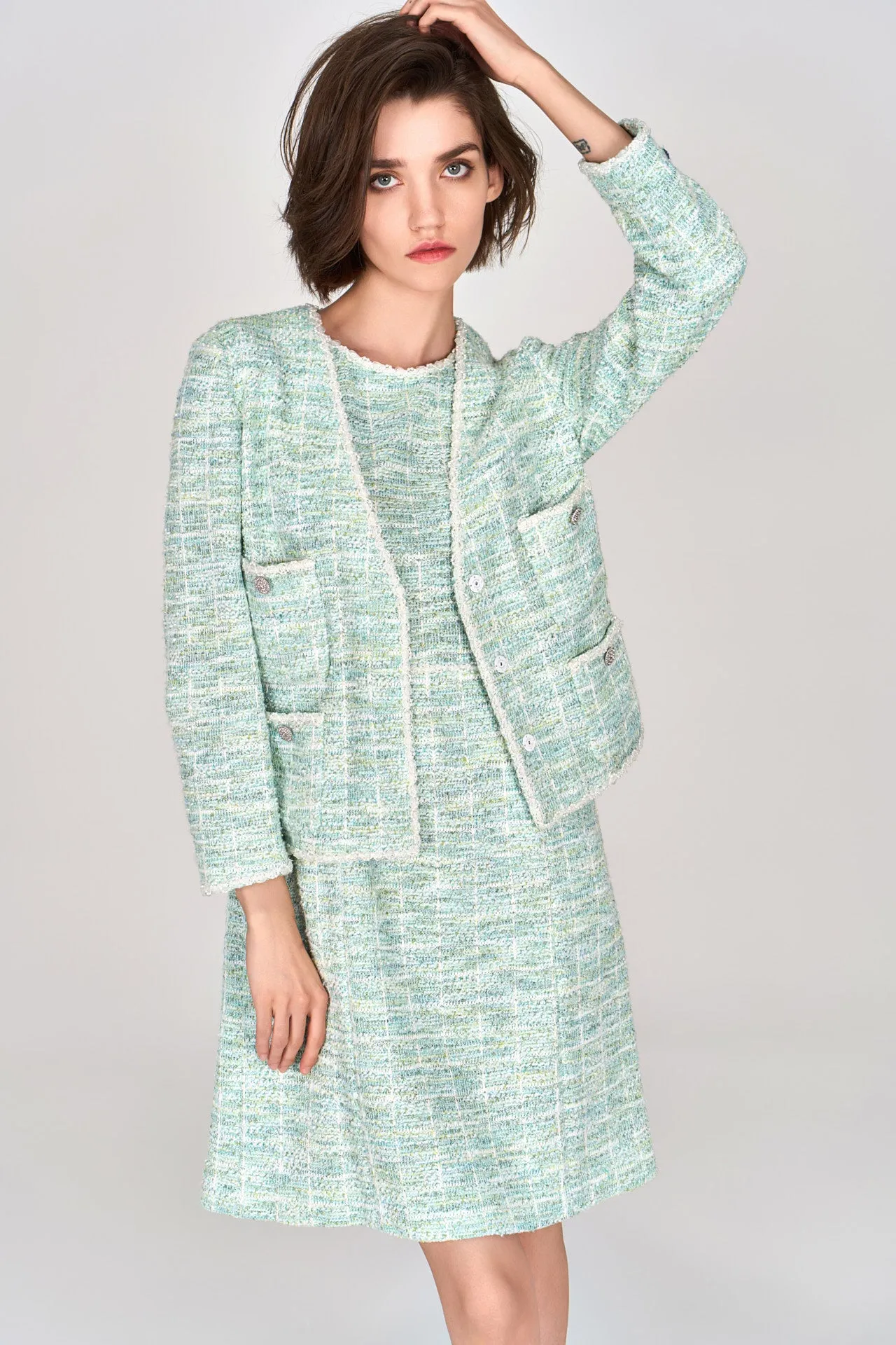 Net Fit Still Glow Mint Green Sleeveless Stretch Tweed Dress