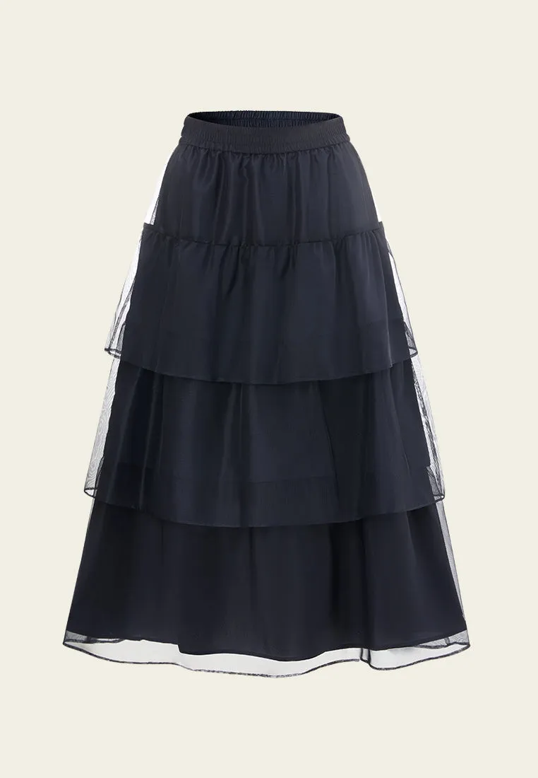 CompactWeave Elasticated-waistband Layered Maxi Mesh Skirt Blue
