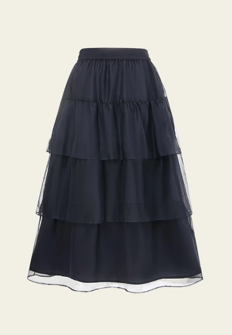 Elasticated-waistband Layered Maxi Mesh Skirt Blue Quick Core Mesh Glow