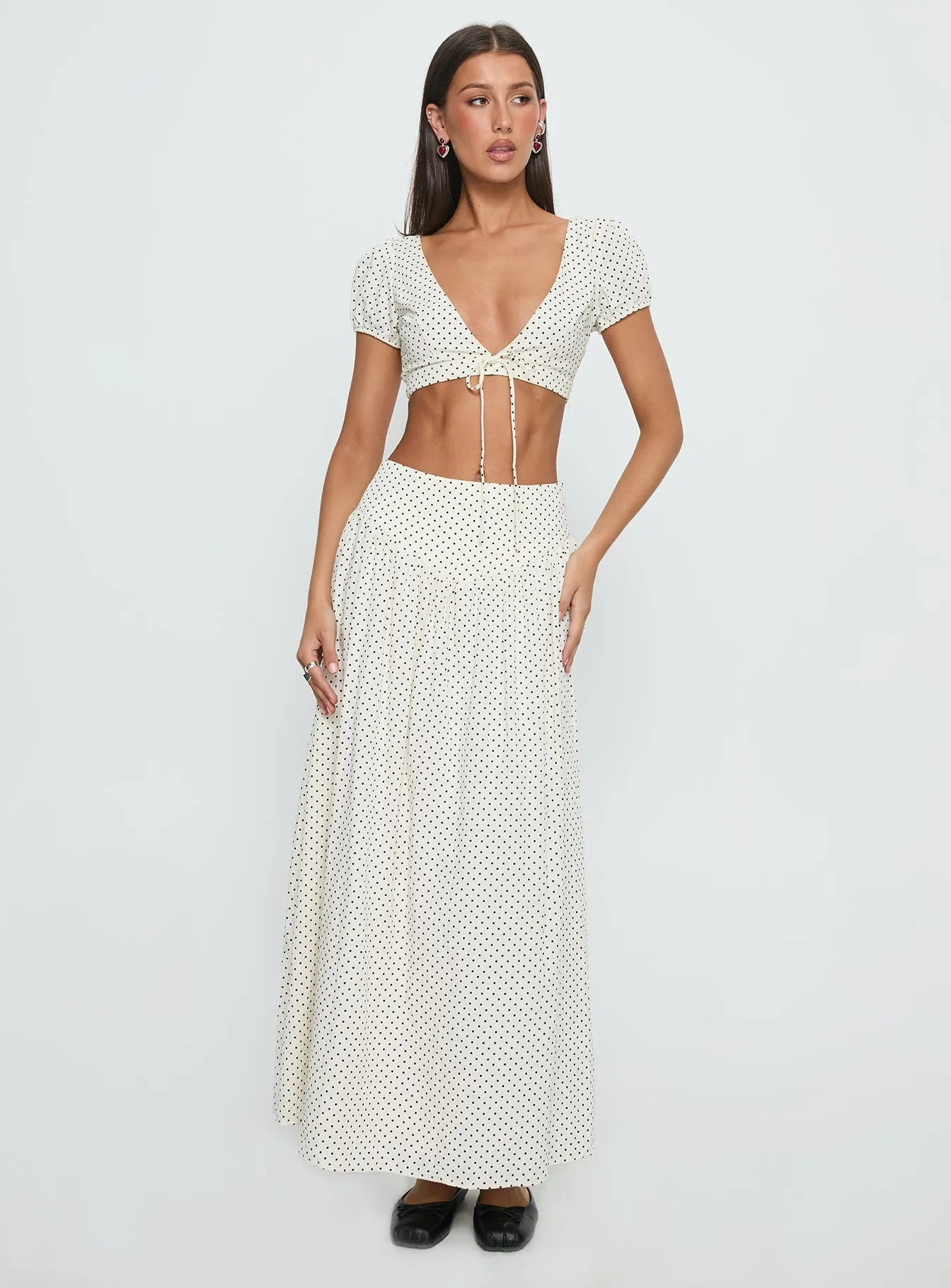 Tiered hem Alletta Drop Waist Maxi Skirt Cream Polka