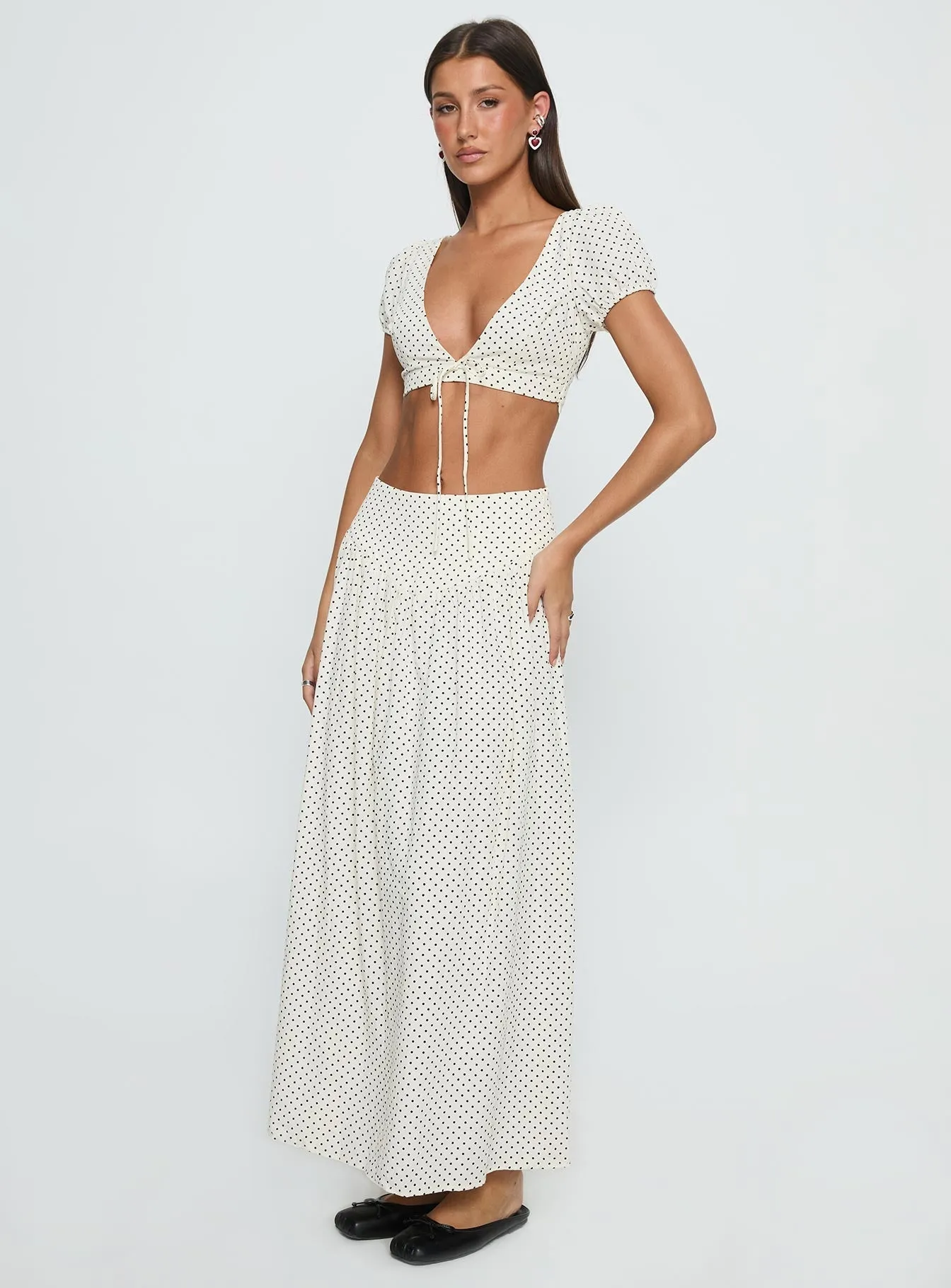 Maxi length Alletta Drop Waist Maxi Skirt Cream Polka