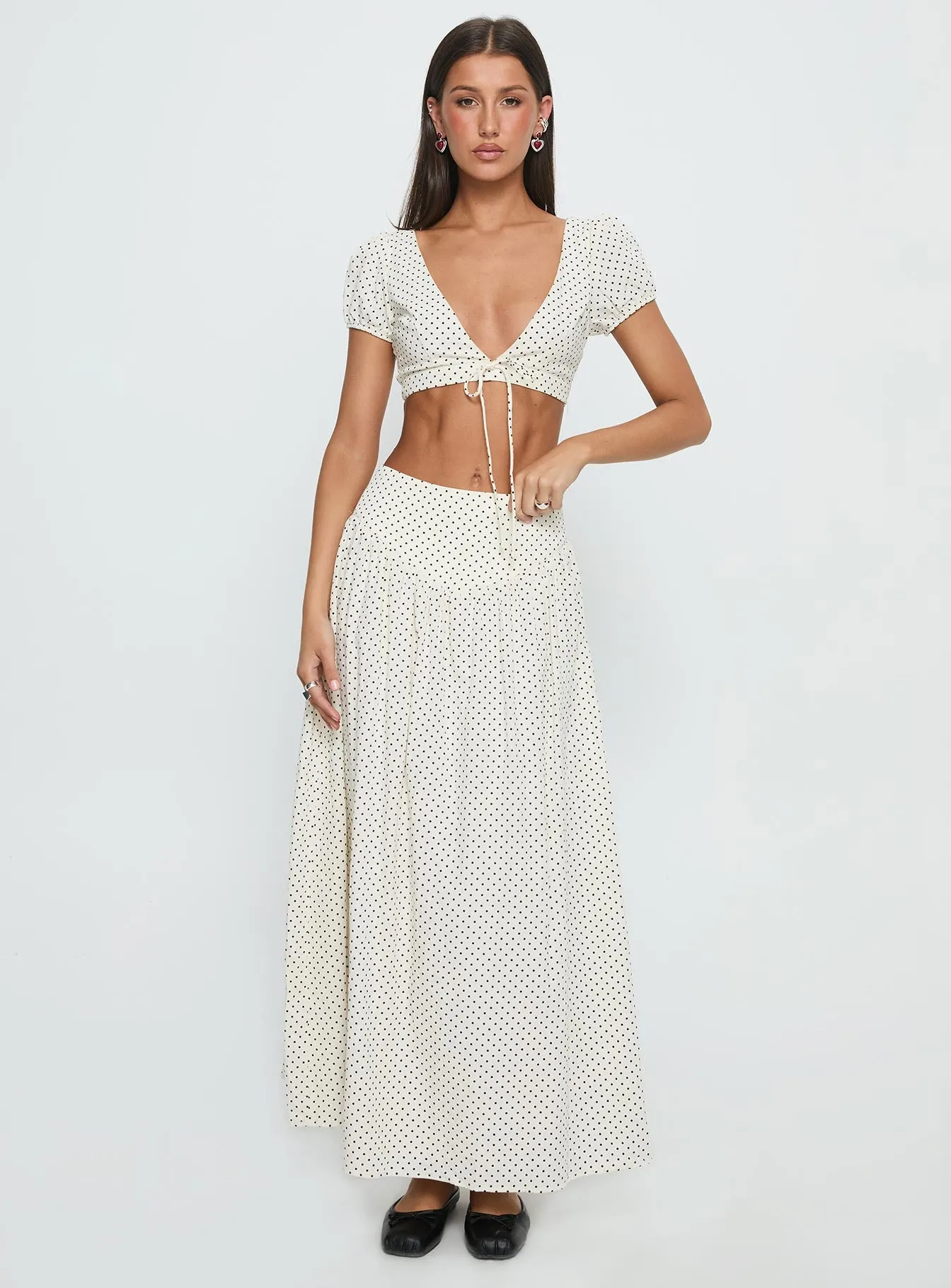 high contrast Alletta Drop Waist Maxi Skirt Cream Polka