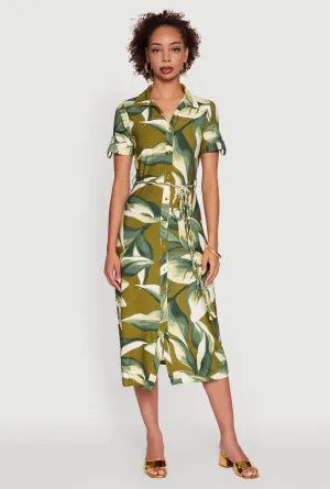 Leaf Print Button Front Shirt Dress with Tie Waist Belt Everyday Smart Drizzle Sky