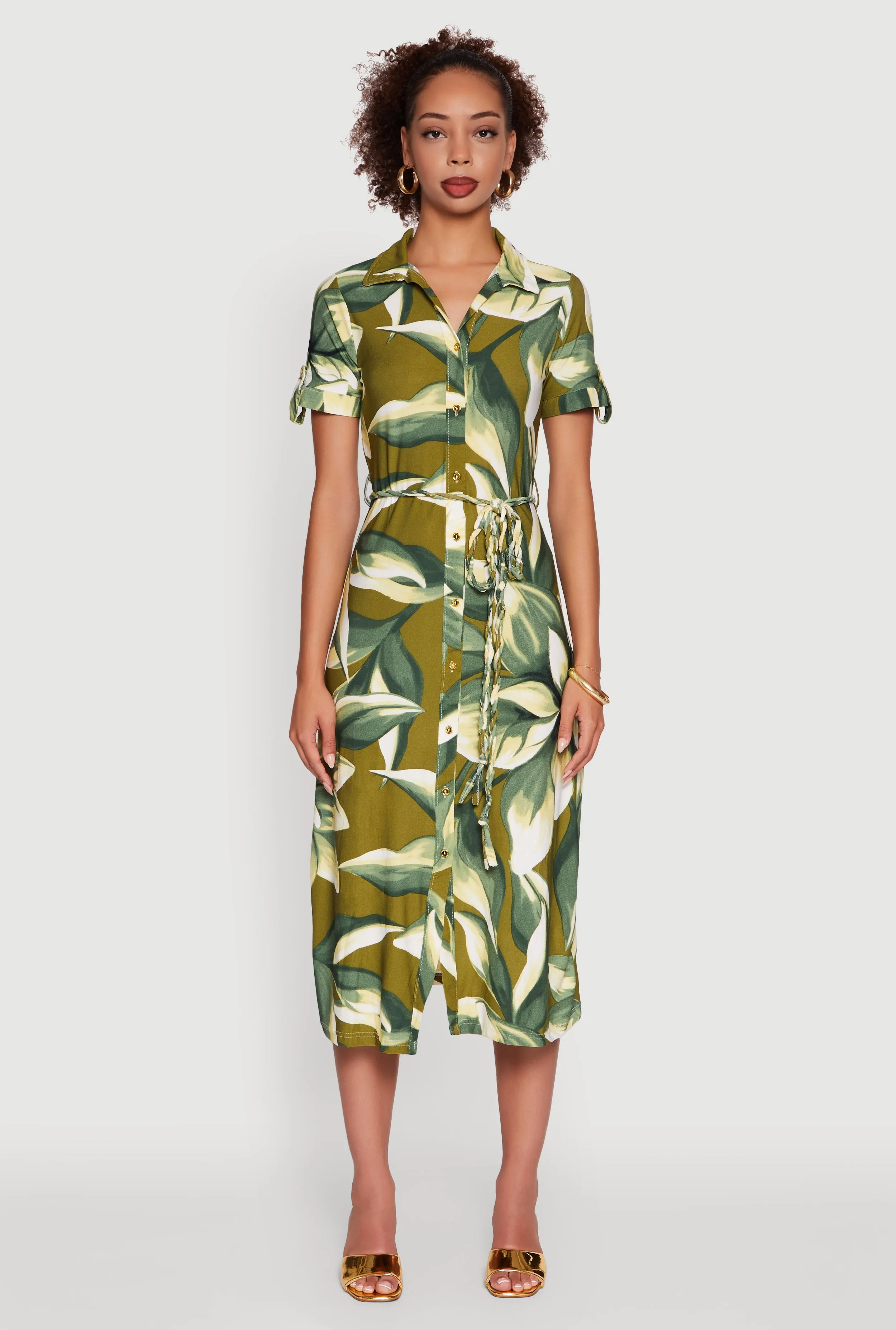Leaf Print Button Front Shirt Dress with Tie Waist Belt Field Glow Court Yard