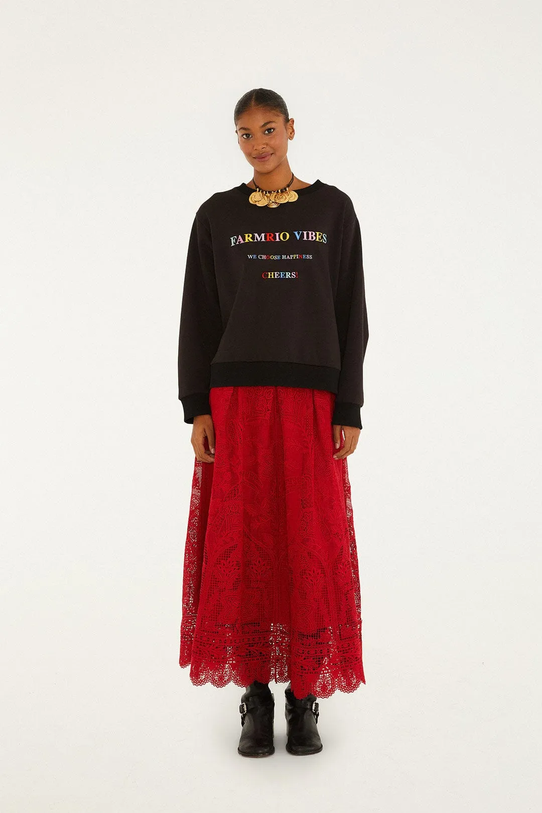 Cotton Rich Back Slit Red Guipure Boho Garden Skirt