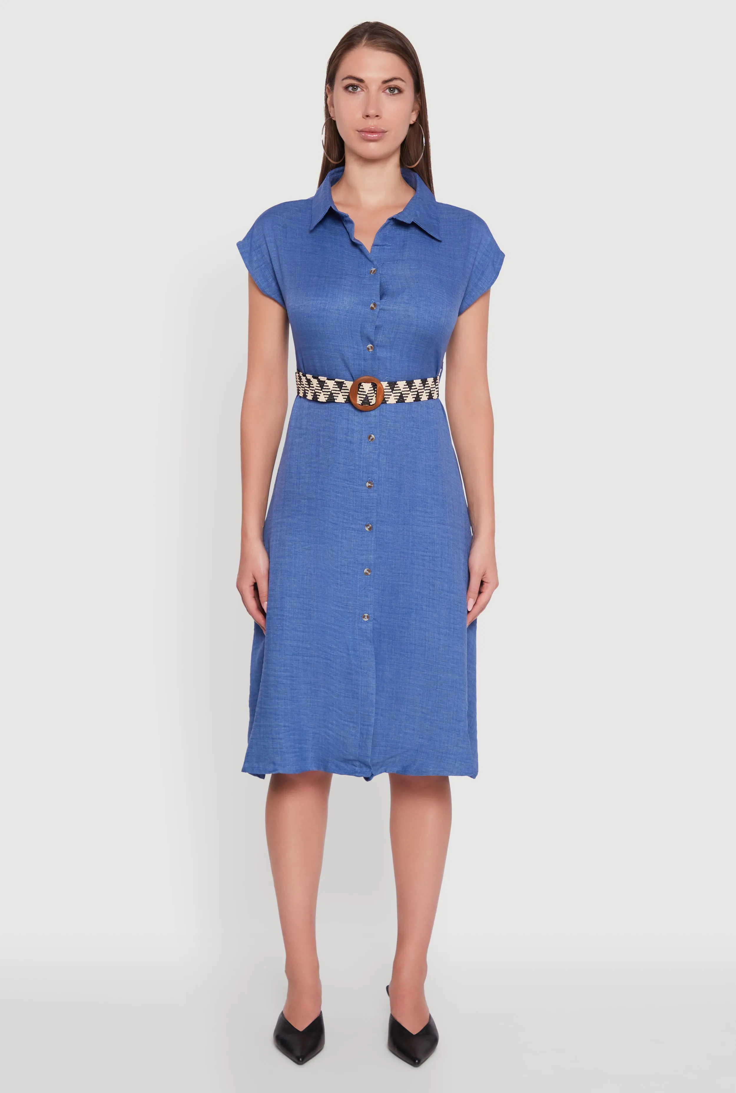 Classic Fit Midi Dress with Belt and Cap Sleeves Classic Smart