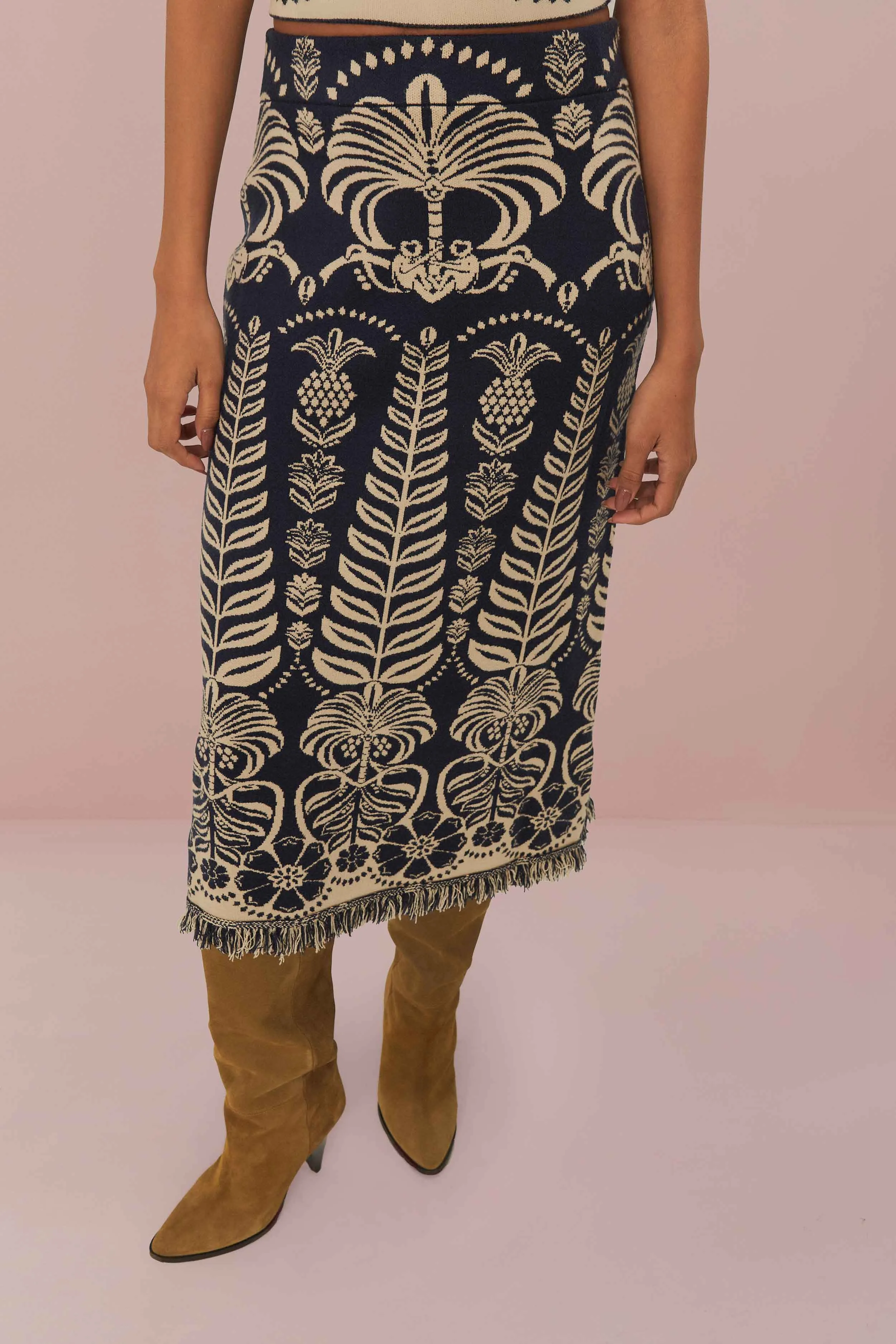 Seamless construction Casual Feel Navy Blue Ainika Tropical Splendor Knit Midi Skirt