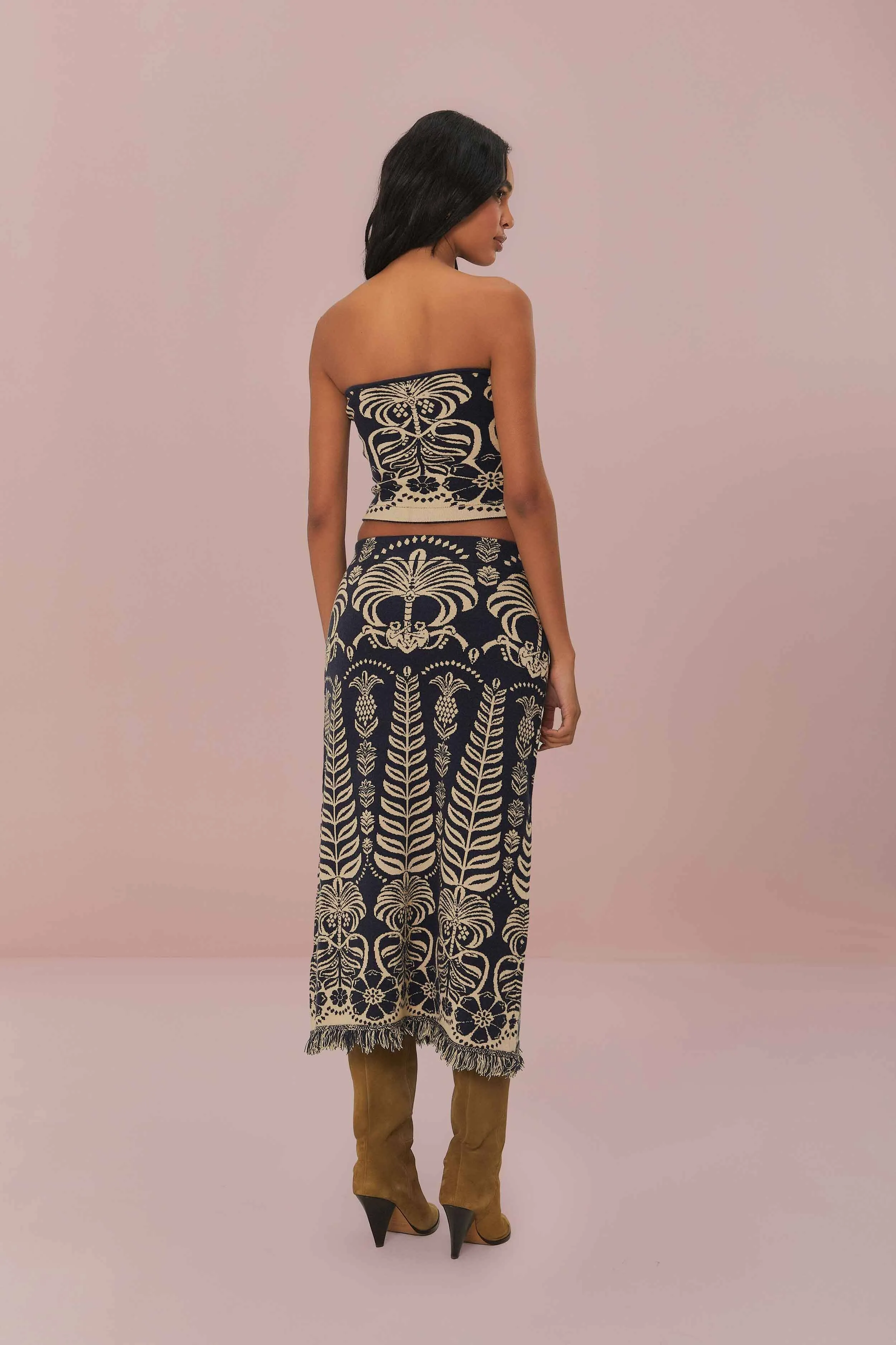 Breathable Material Soft Vibe Navy Blue Ainika Tropical Splendor Knit Midi Skirt