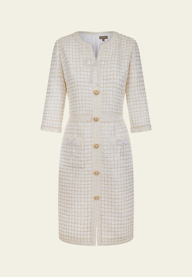 Lurex-checked Pearl-trim V-neck Dress ComfortStretch