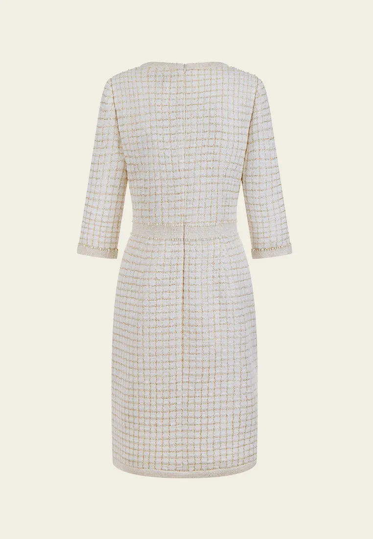 Rain Fit Lurex-checked Pearl-trim V-neck Dress