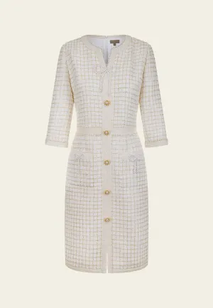 Lurex-checked Pearl-trim V-neck Dress ComfortStretch