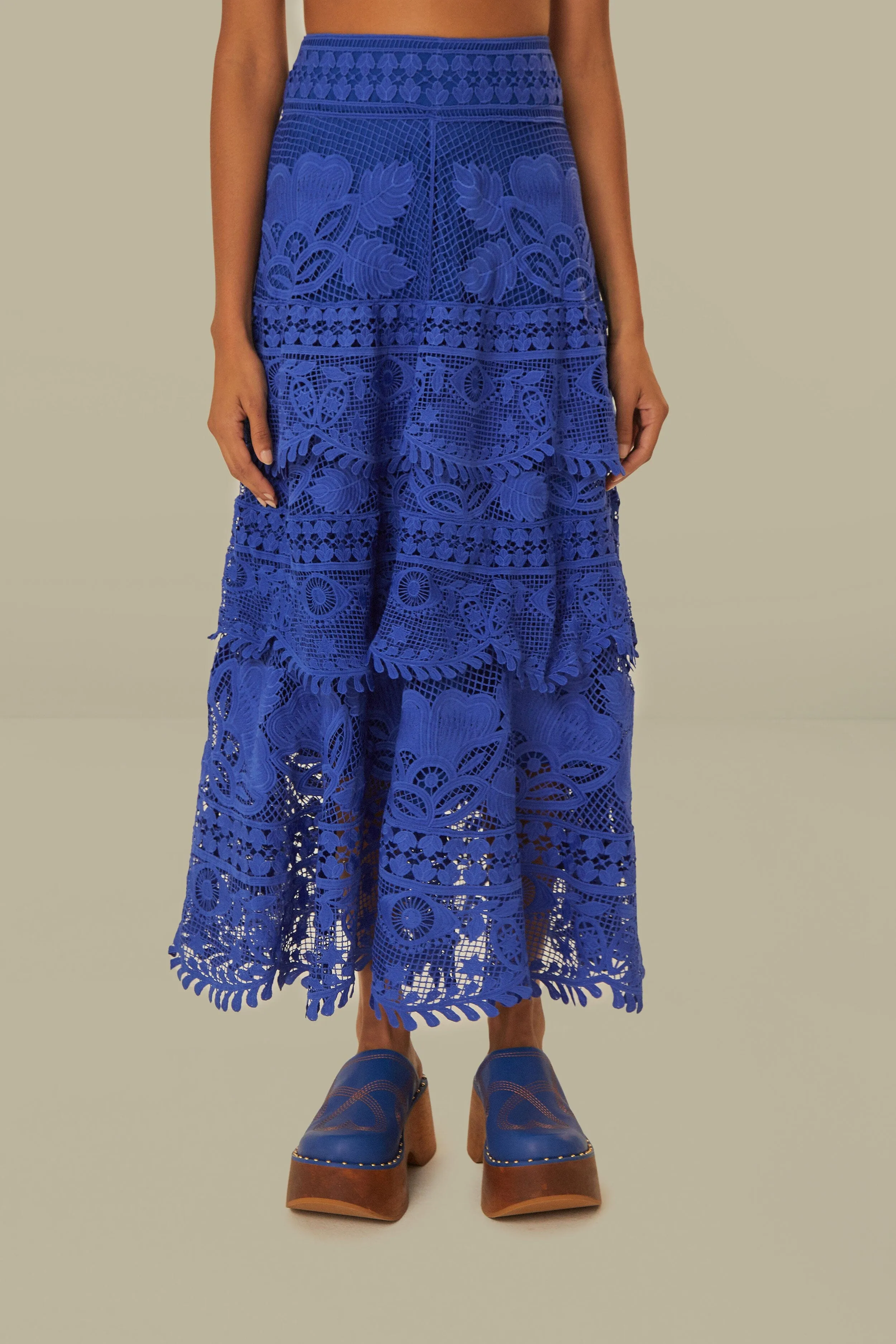 Blue Guipure Midi Skirt Water Resistant ruffle trim