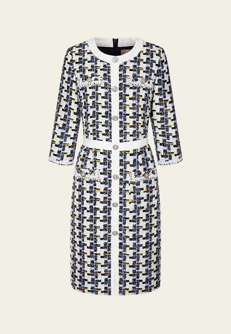 Mixed Tweed Houndstooth Trimmed Dress Stretch Ease