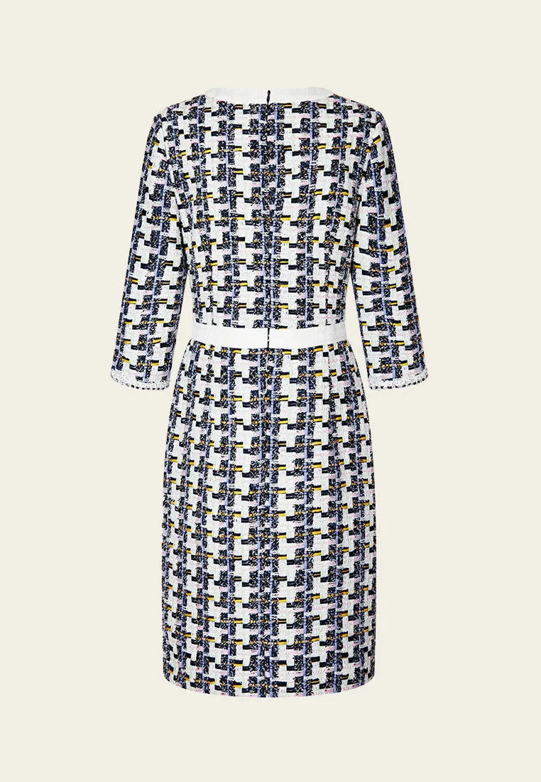 Zen Glow WrinkleFree Fabric Mixed Tweed Houndstooth Trimmed Dress