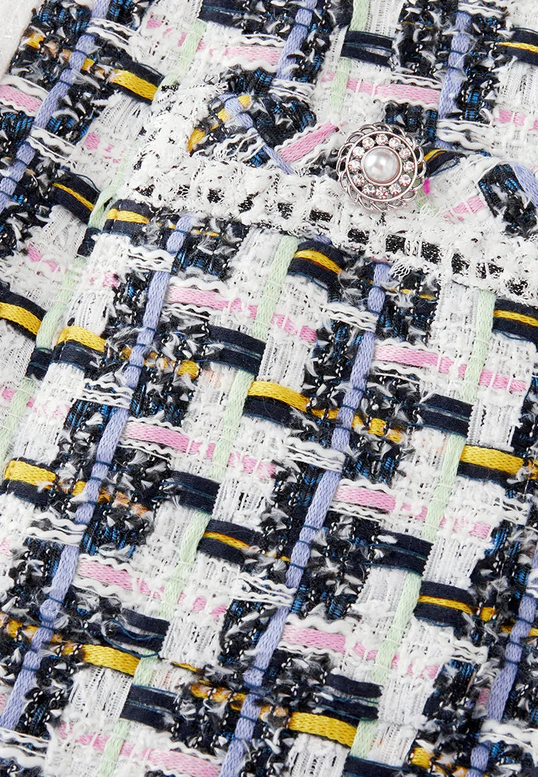Mixed Tweed Houndstooth Trimmed Dress Plane Mood Colorfast Dye