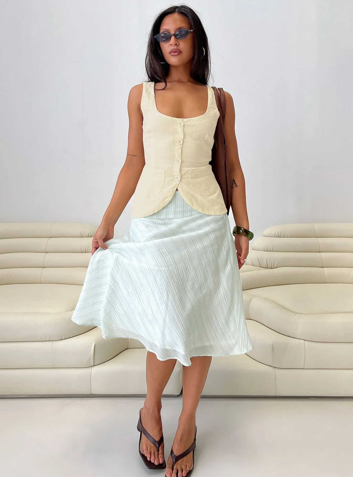 Alunara Midi Skirt Aqua Stripe Monochrome Outfit