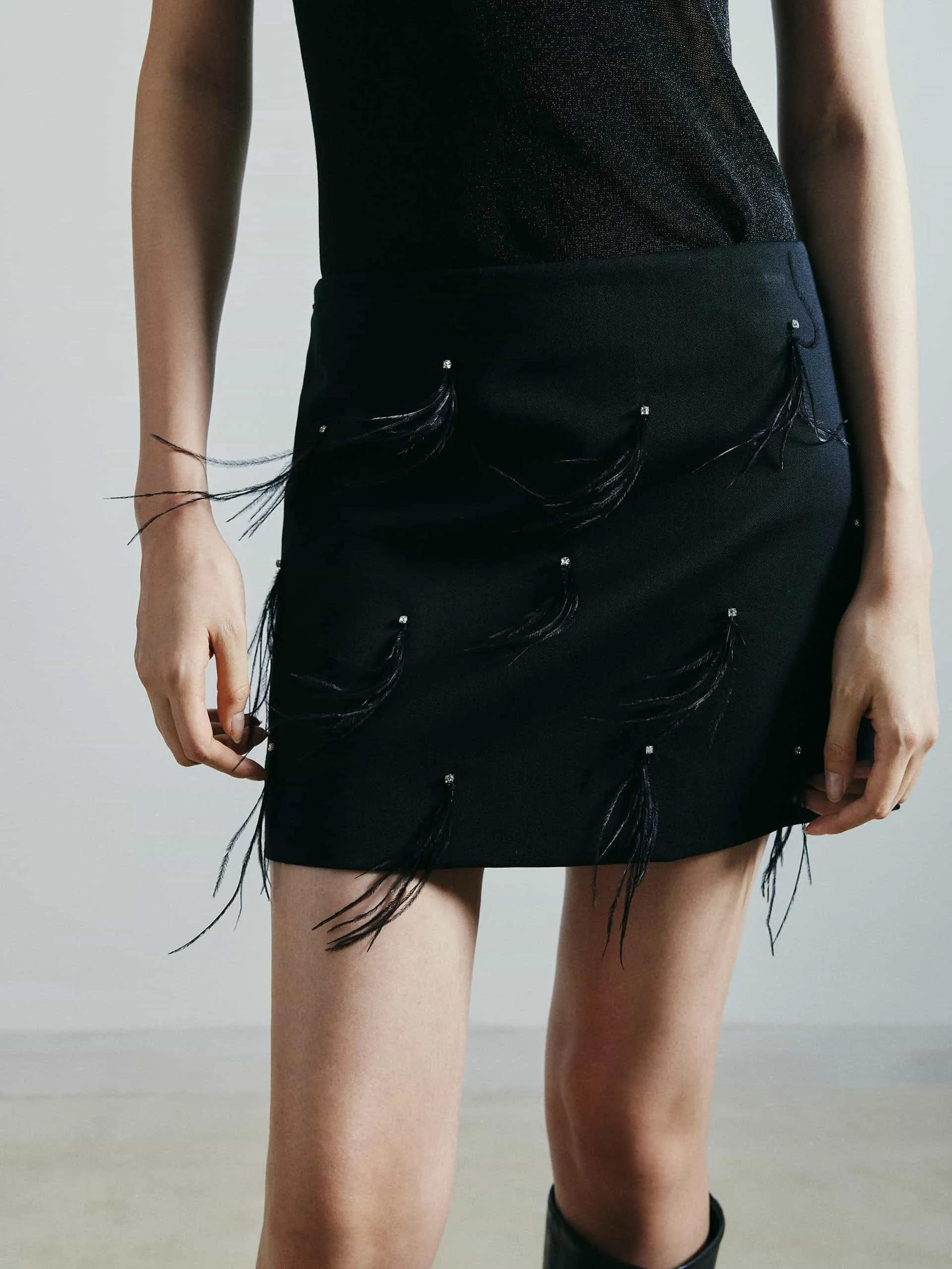 Asymmetrical Cut Non Restrictive Fit Feather Embellished Wool Skirt