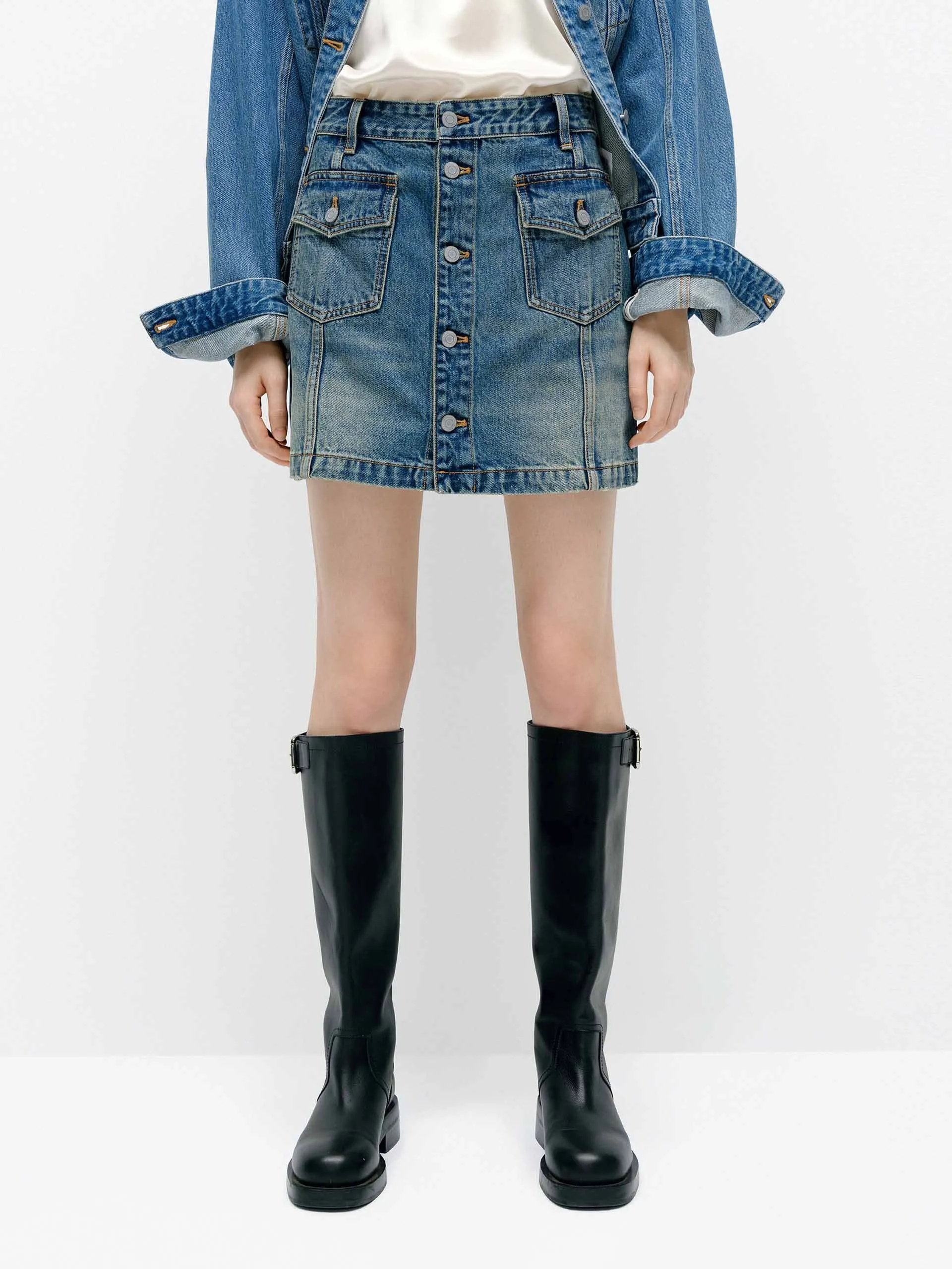 Simple Fashion Thermal Regulating Front Button Denim Skirt