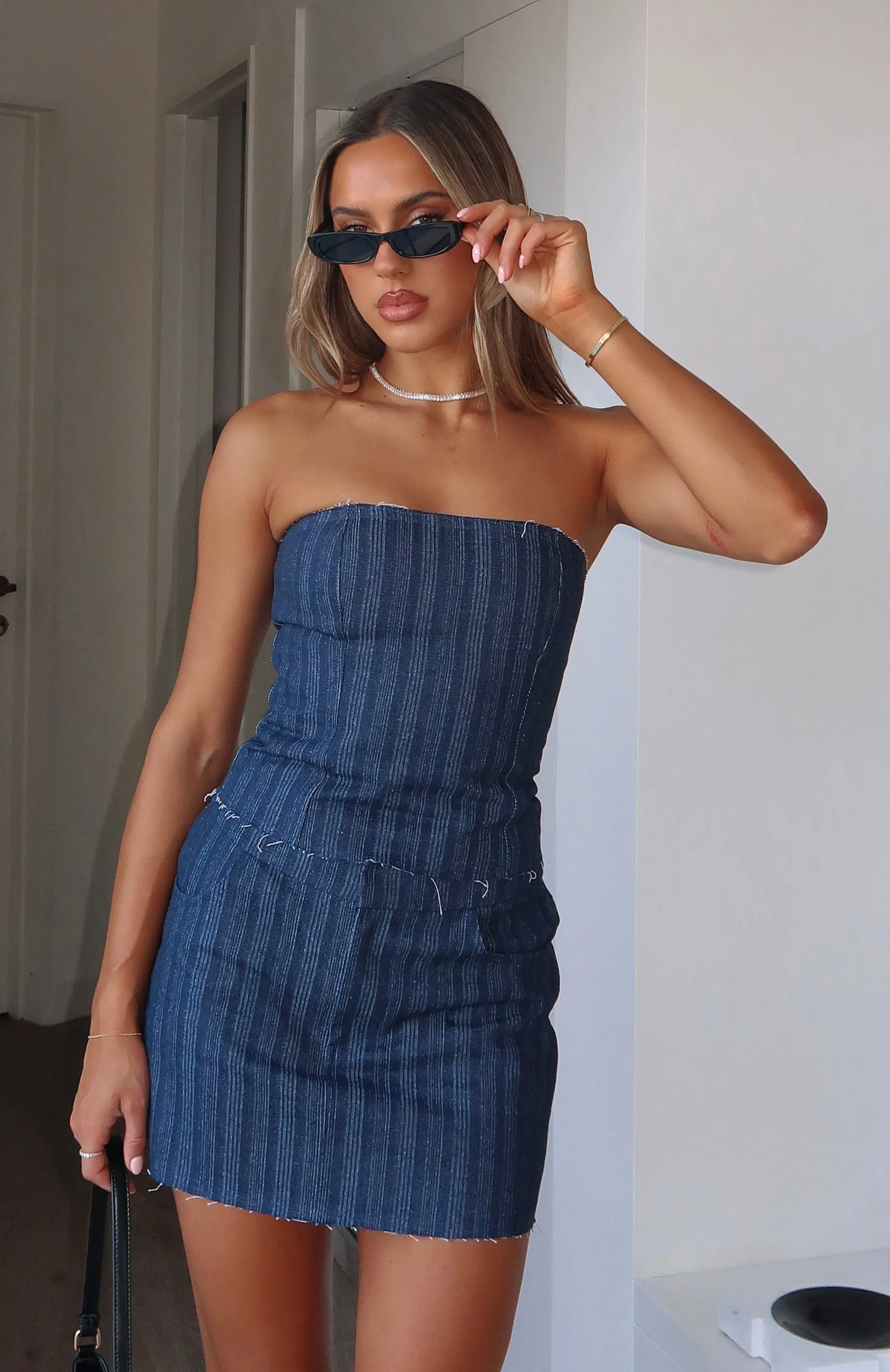 RibbedNeckline Contrast Stitch Detailing Don't Look Strapless Bustier Navy