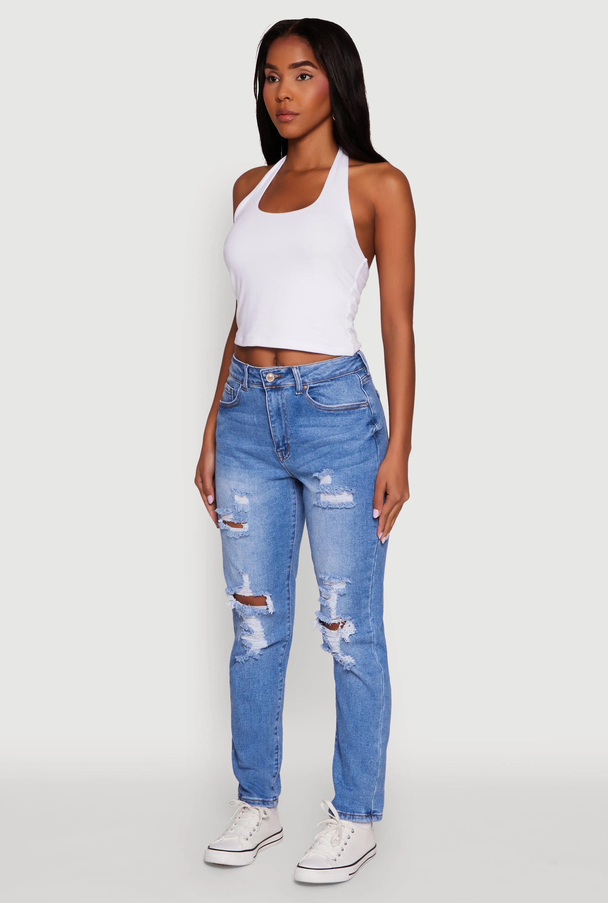 WAX Mid Rise Boyfriend Cut Distressed Jeans Timeless Fashion Multi Pocket Utility