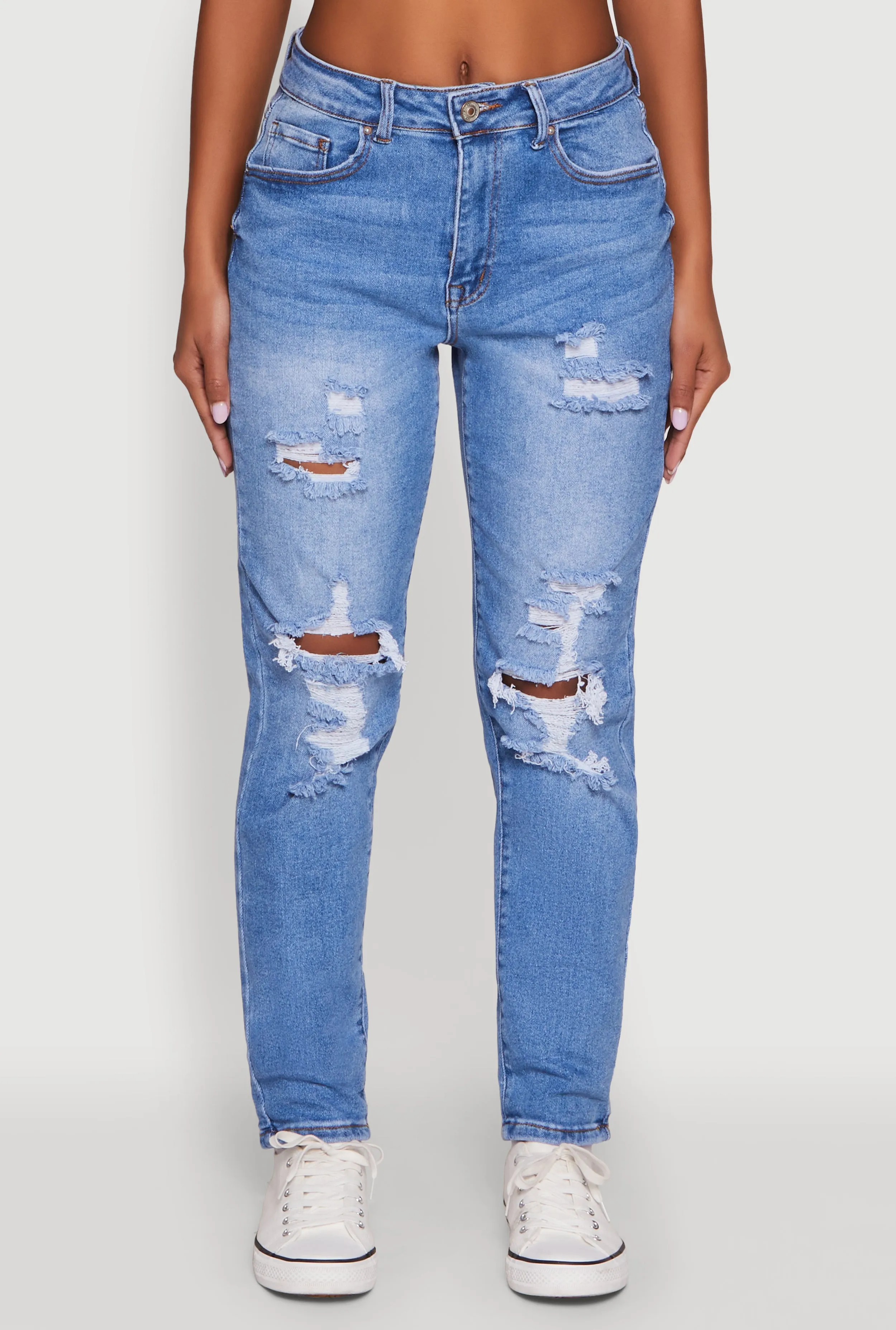 WAX Mid Rise Boyfriend Cut Distressed Jeans Effortless Choice