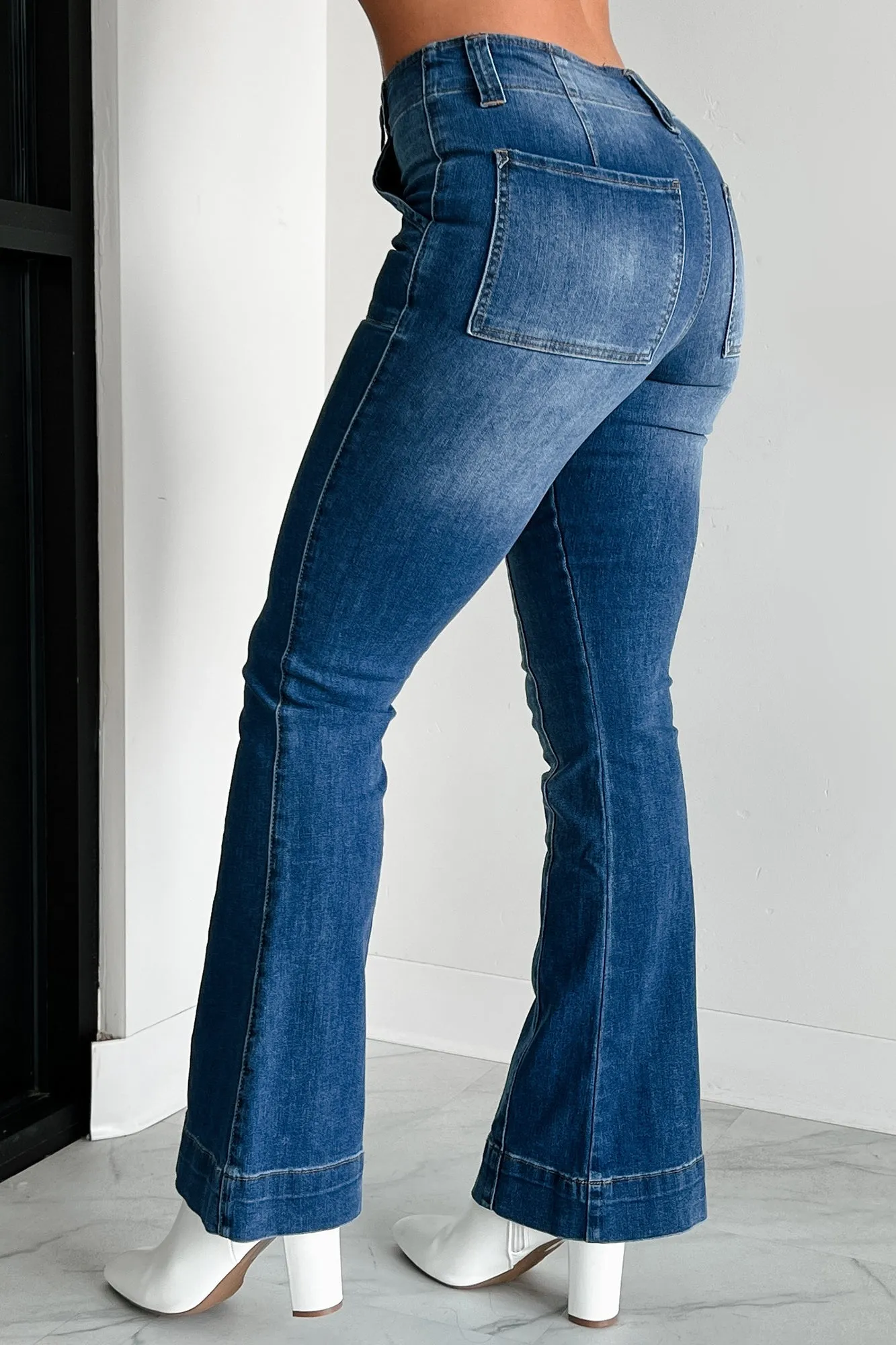 Casper Almost Famous High Rise Flare Jeans (Medium-Dark Wash) MultiPanel Design FlexibleWaistband