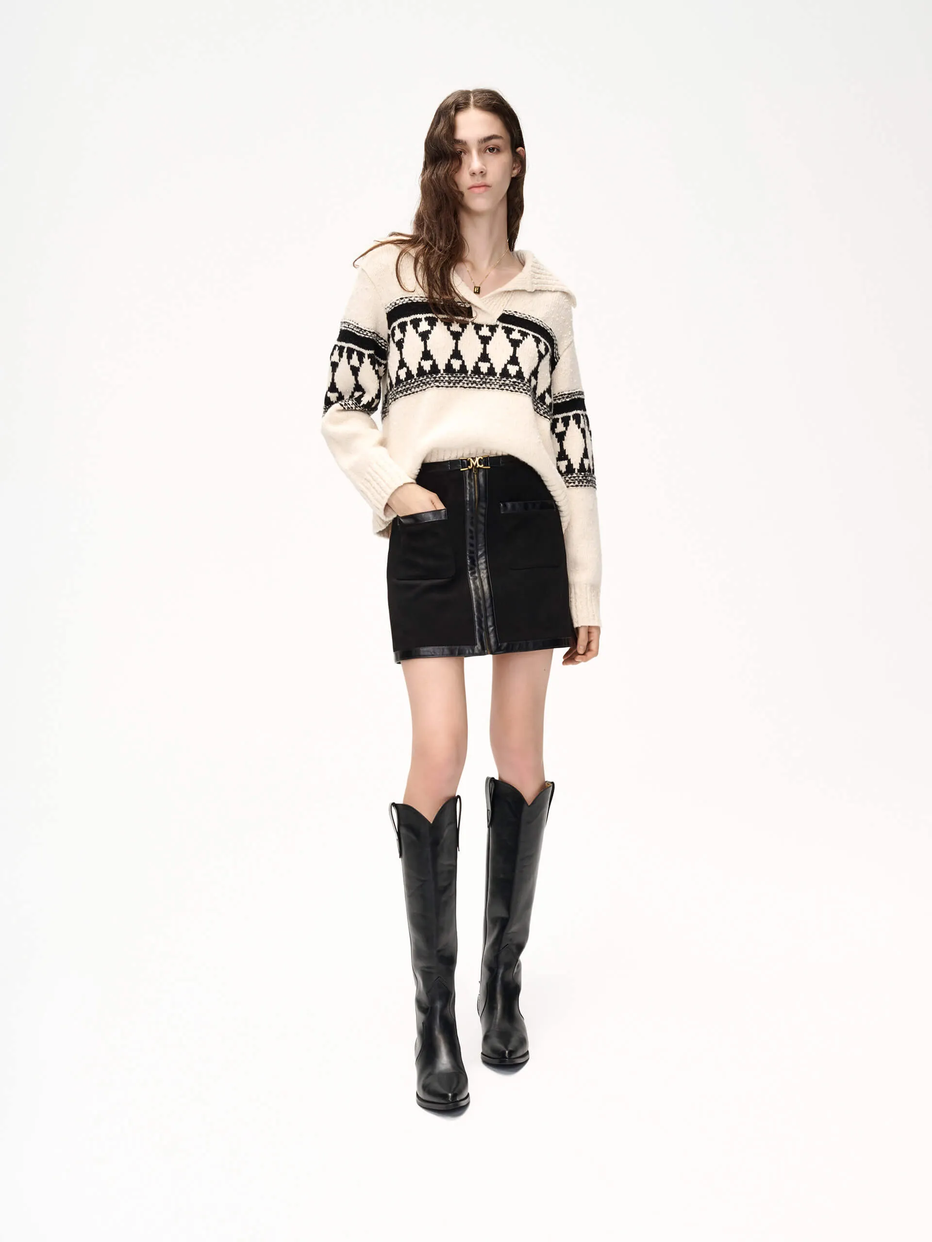 Cuffed hem Front Zipper Mini Skirt