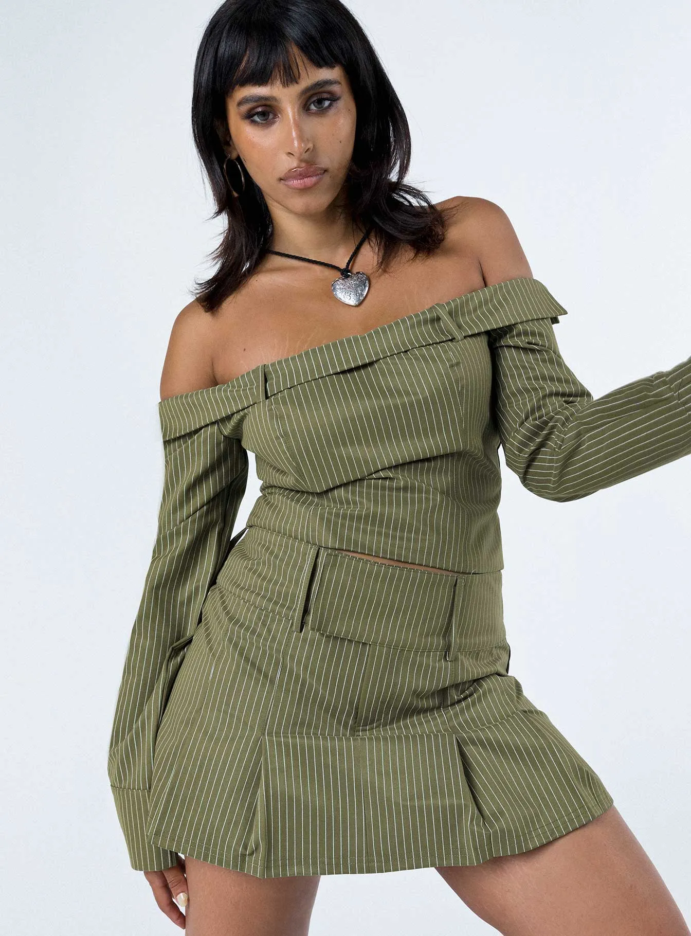 Comfy Wear Valentina Cargo Mini Skirt Green Pinstripe