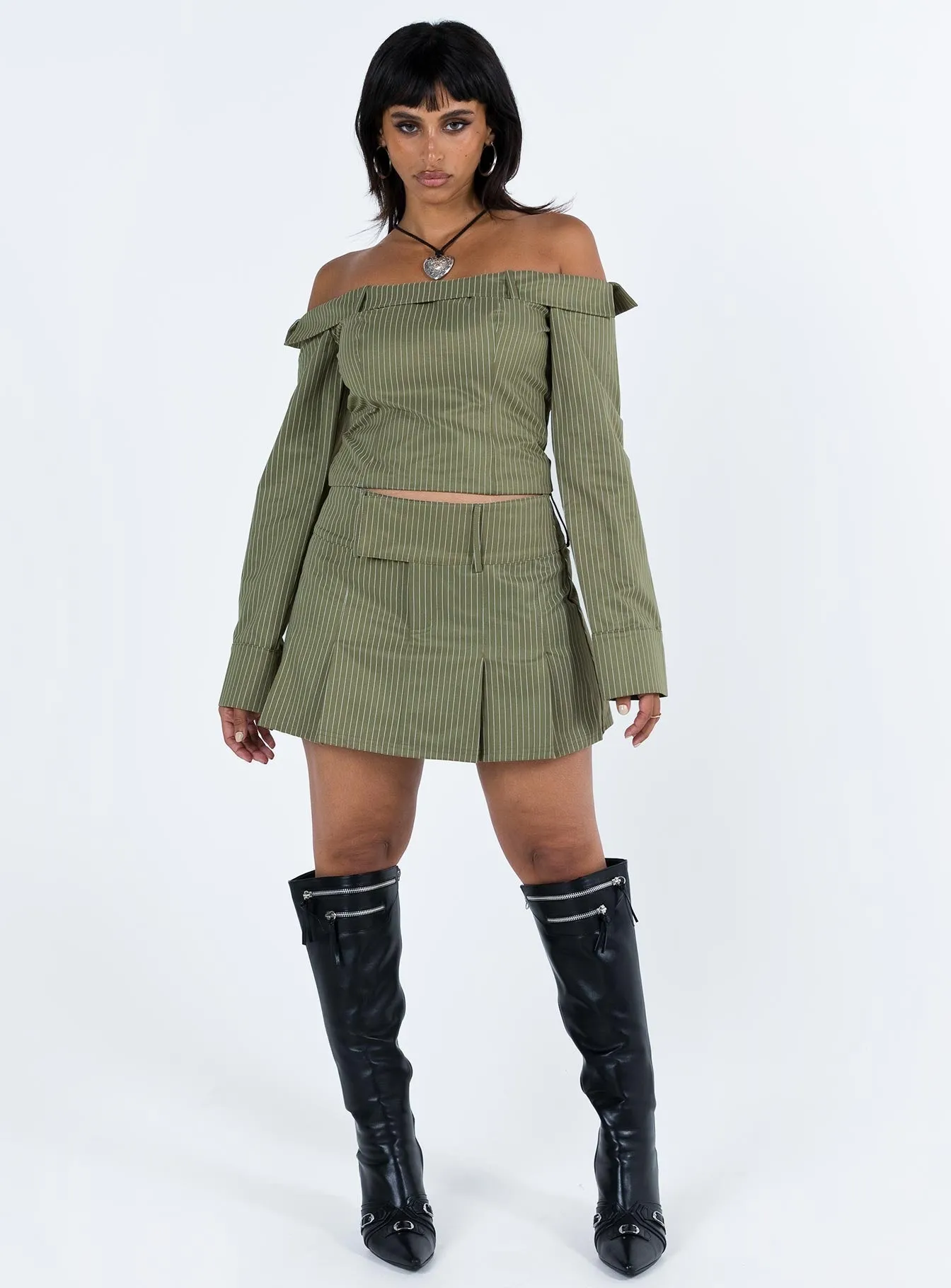 Patchwork Design Valentina Cargo Mini Skirt Green Pinstripe