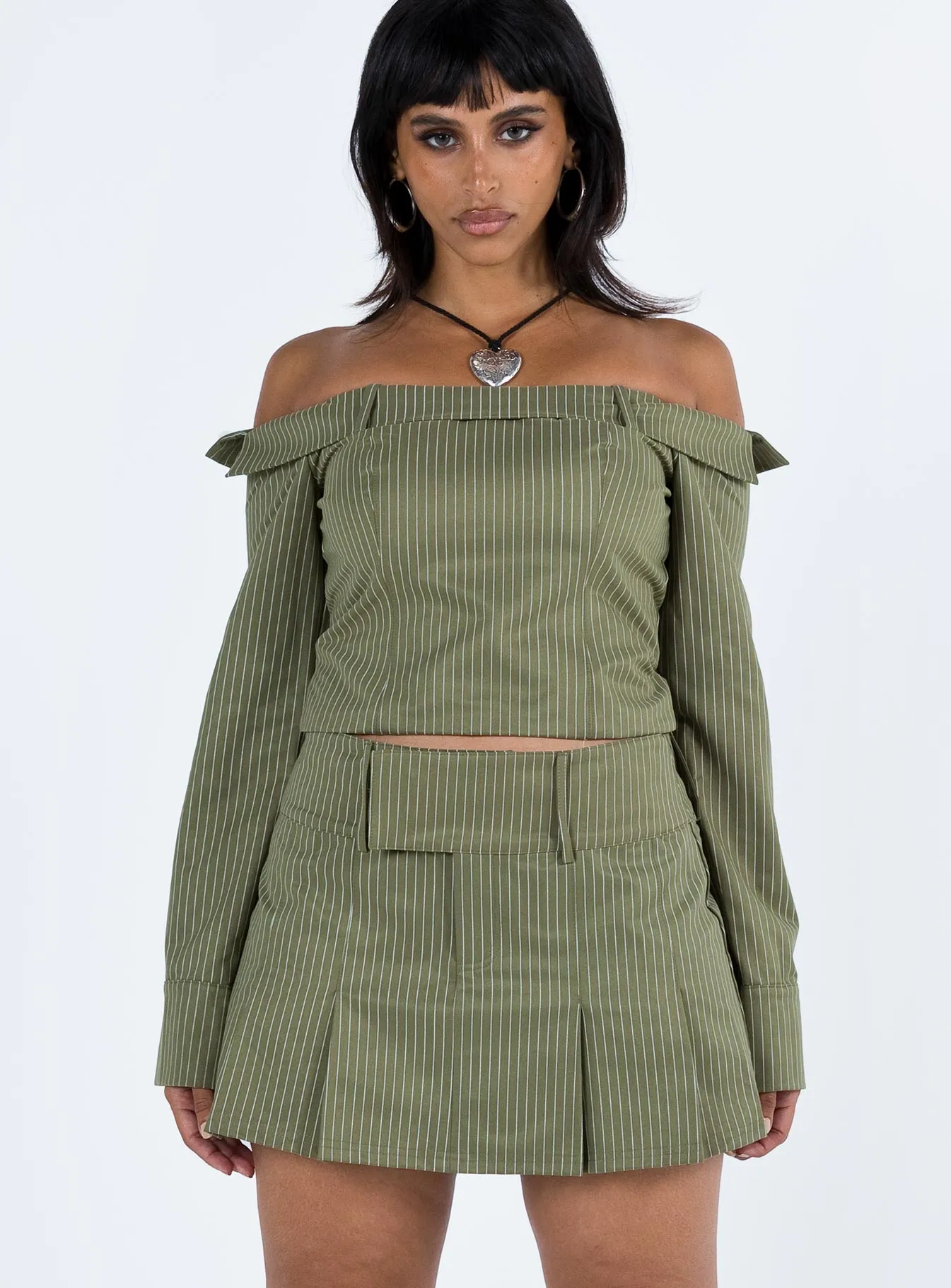 Valentina Cargo Mini Skirt Green Pinstripe Outfit Lookbook
