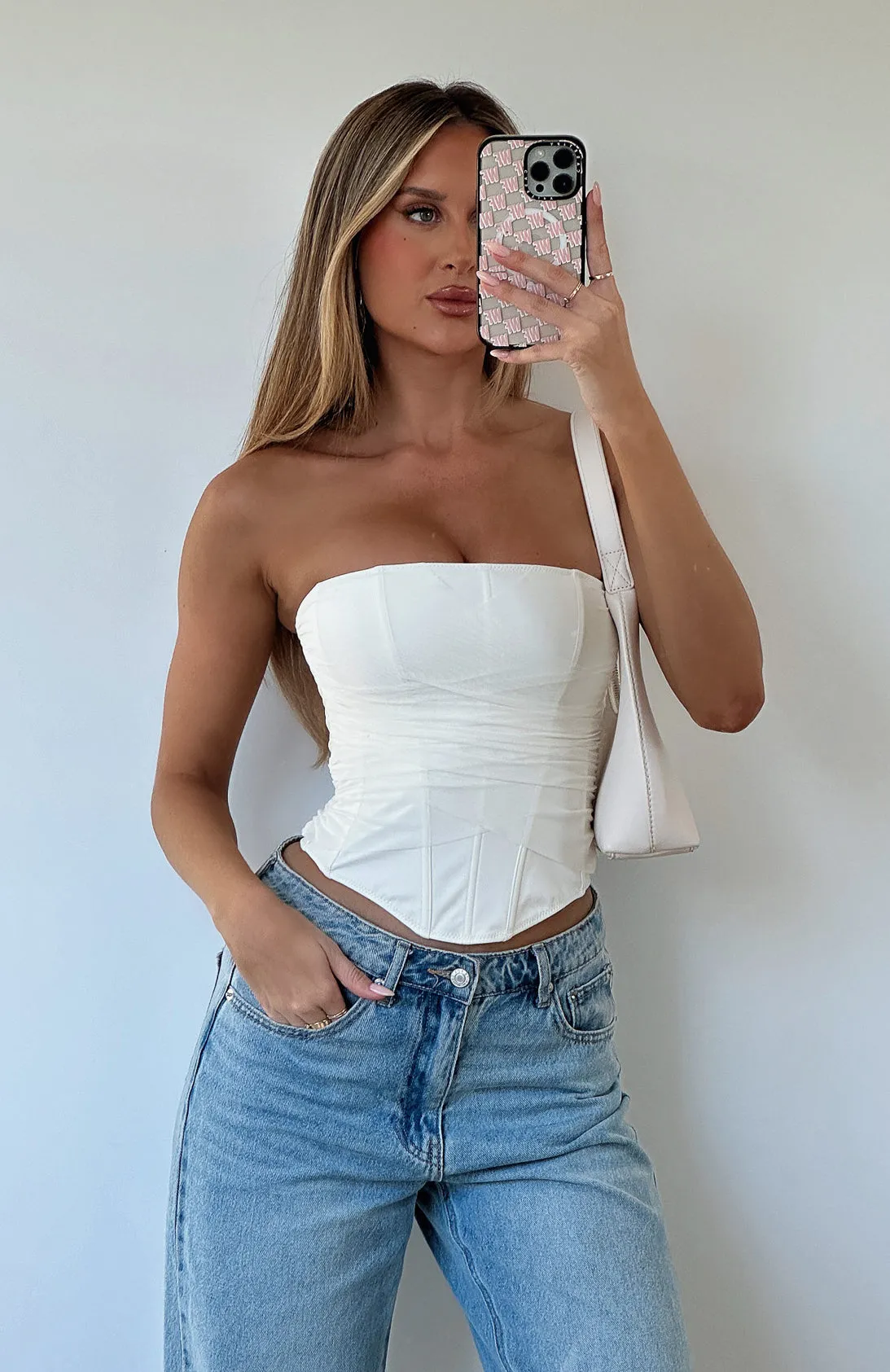 Ventilated Mesh Panels RibbedNeckline Next To Nothing Strapless Bustier Cream
