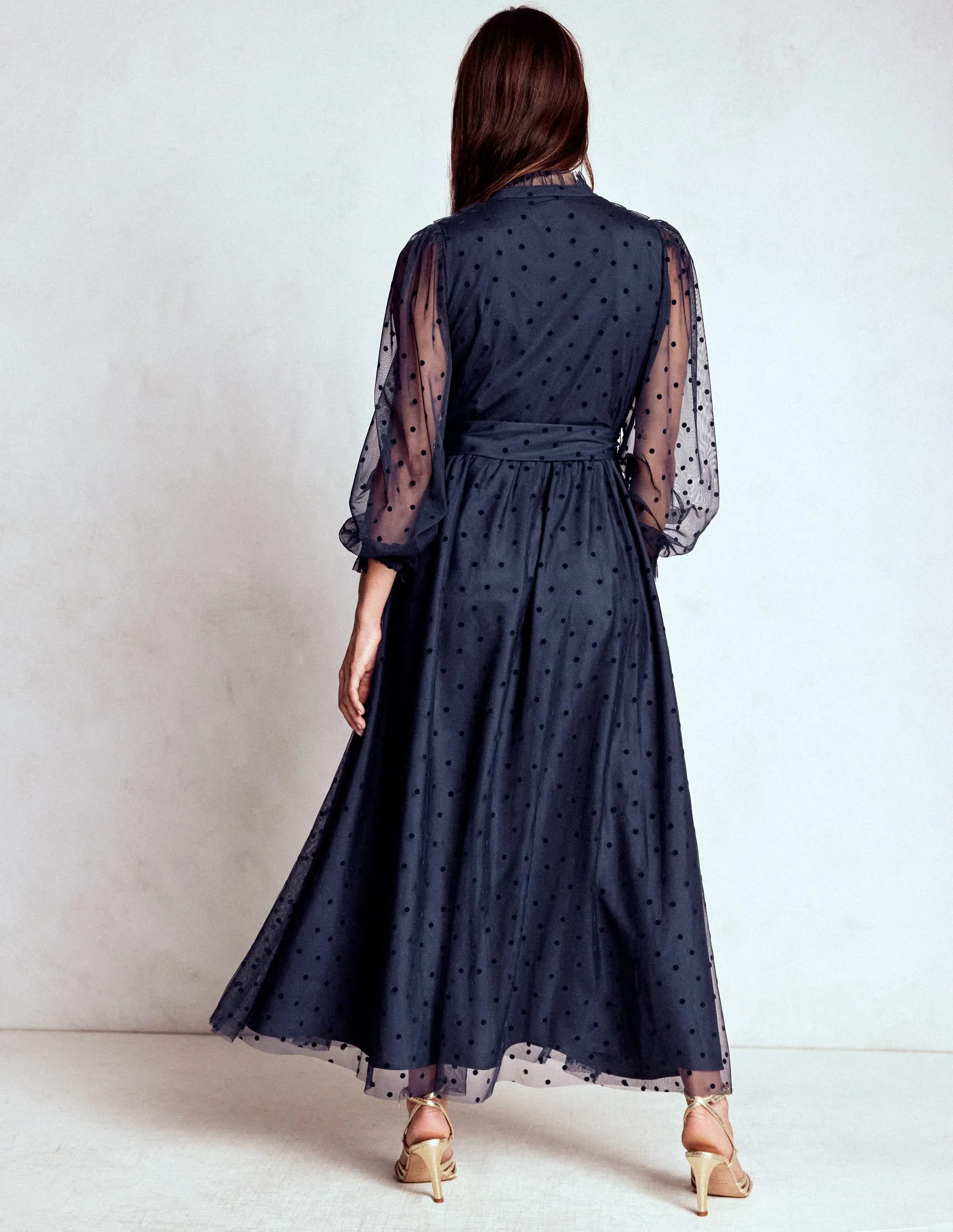 Tulle Ruffle Maxi Dress-Navy Bronze Tone