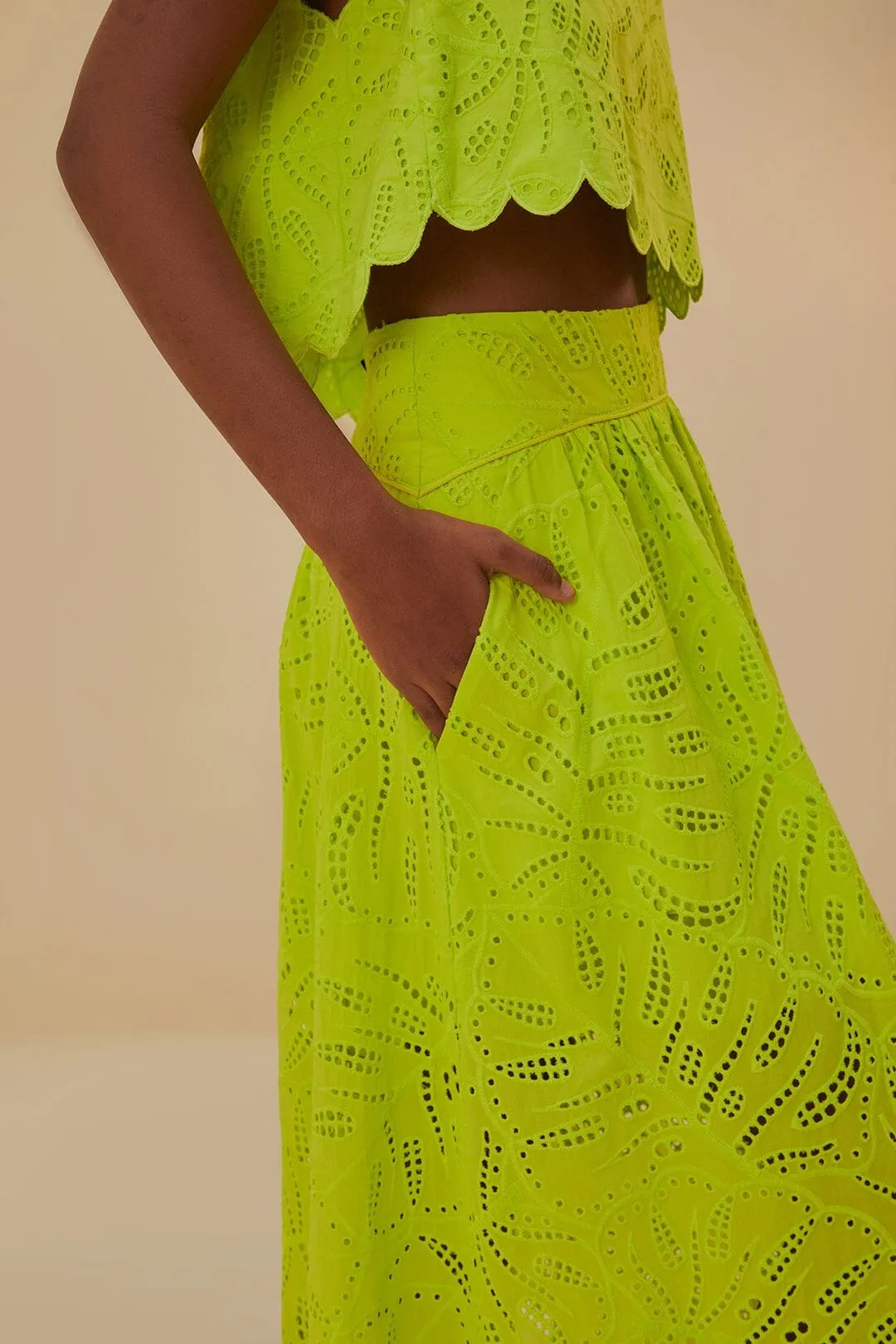 Fashion Collab Emerging Designer Green Monstera Eyelet Maxi Skirt