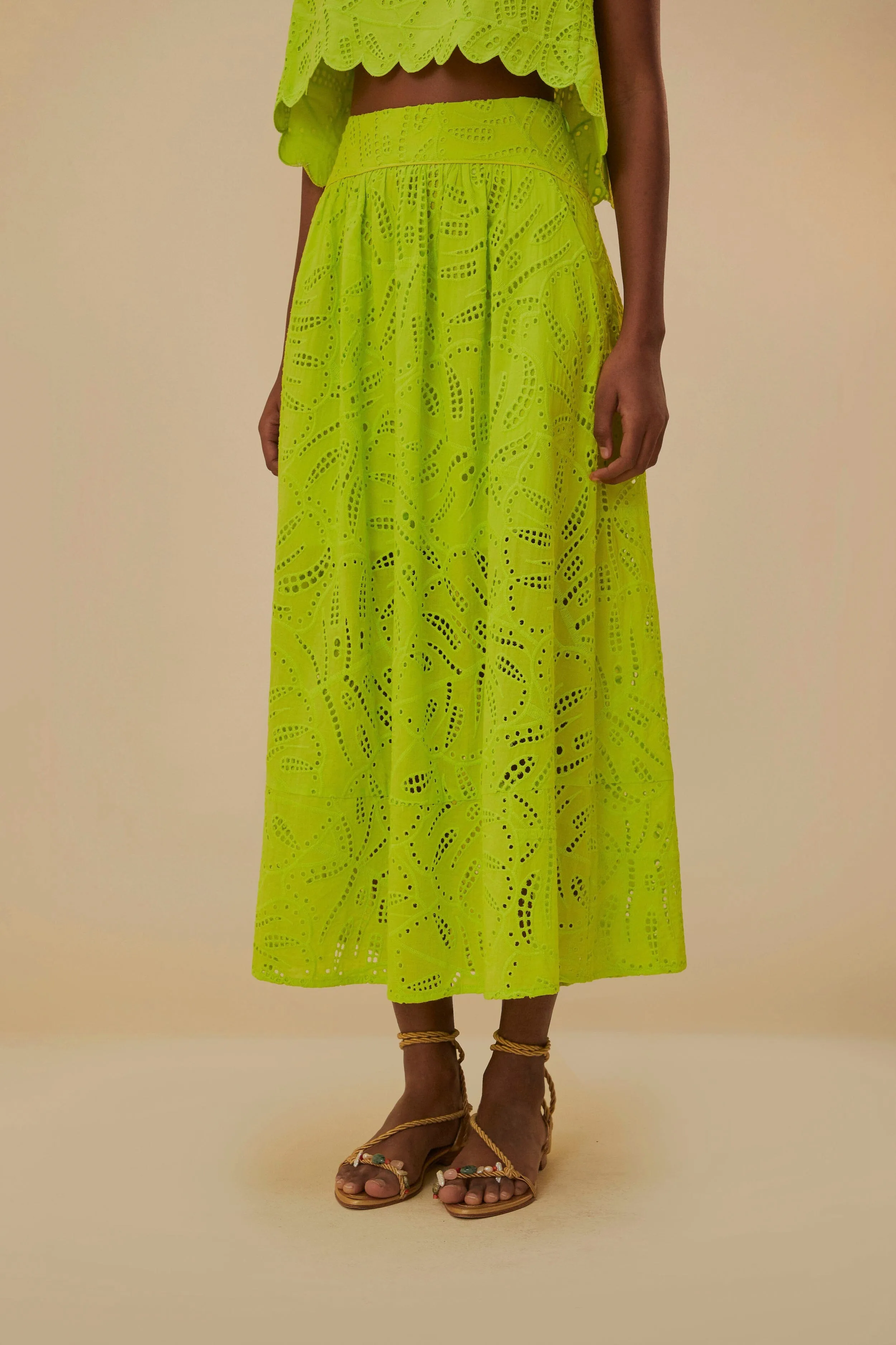 Green Monstera Eyelet Maxi Skirt Bold Mood Fresh Detail