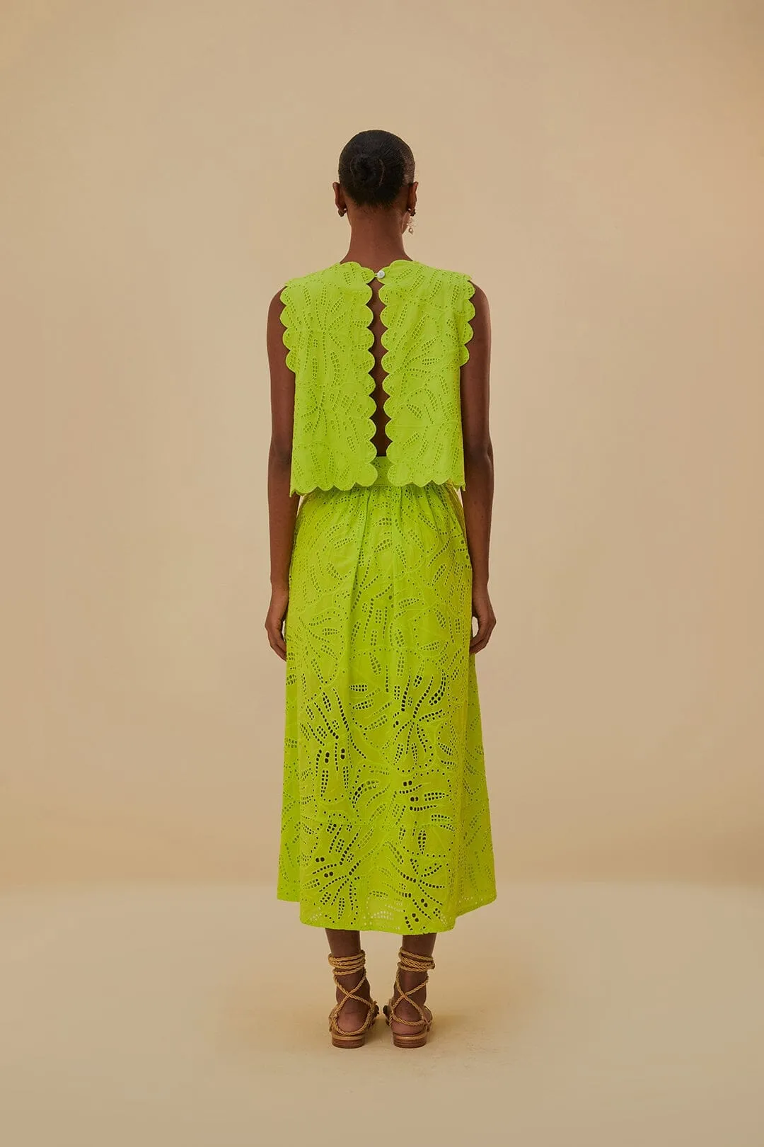 Green Monstera Eyelet Maxi Skirt Ankle length Breezy Edge
